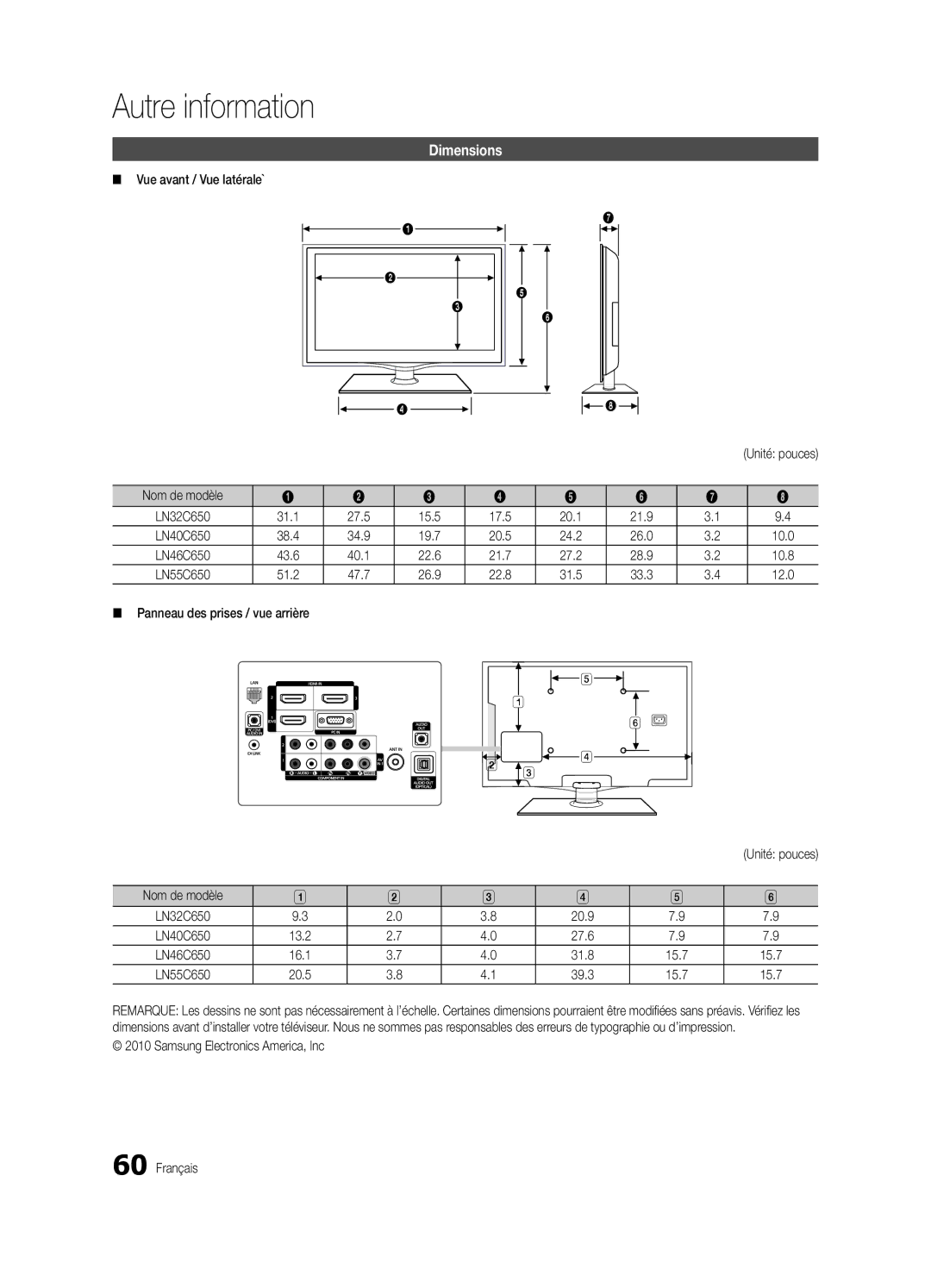 Samsung BN68-02541C-03, LC650-ZC user manual Vue avant / Vue latérale`, Samsung Electronics America, Inc Français 