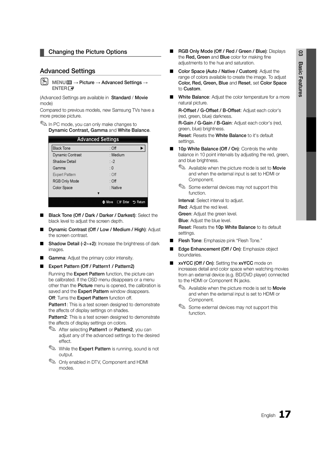 Samsung LC650-ZC, BN68-02541C-03 user manual Changing the Picture Options, OO MENUm→ Picture → Advanced Settings → 