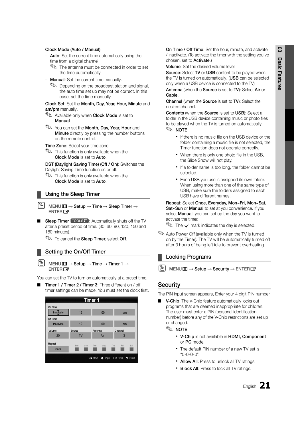 Samsung LC650-ZC, BN68-02541C-03 user manual Security, Using the Sleep Timer, Setting the On/Off Timer, Locking Programs 