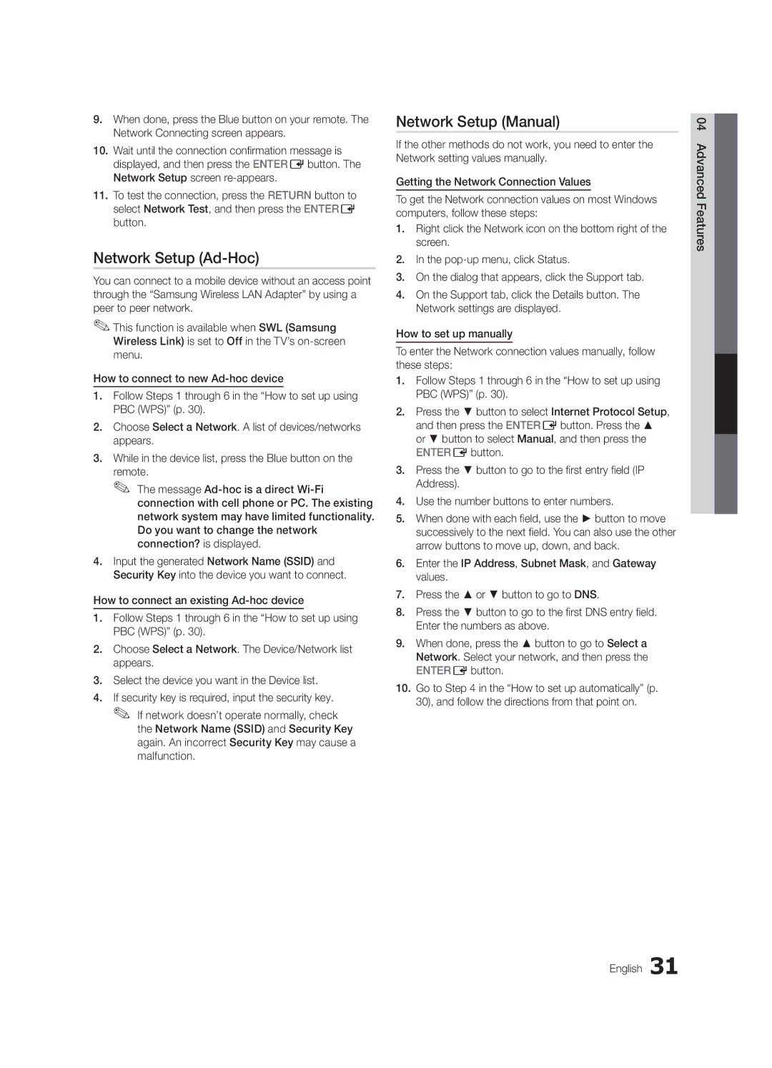 Samsung LC650-ZC, BN68-02541C-03 user manual Network Setup Ad-Hoc, Advanced Features English 