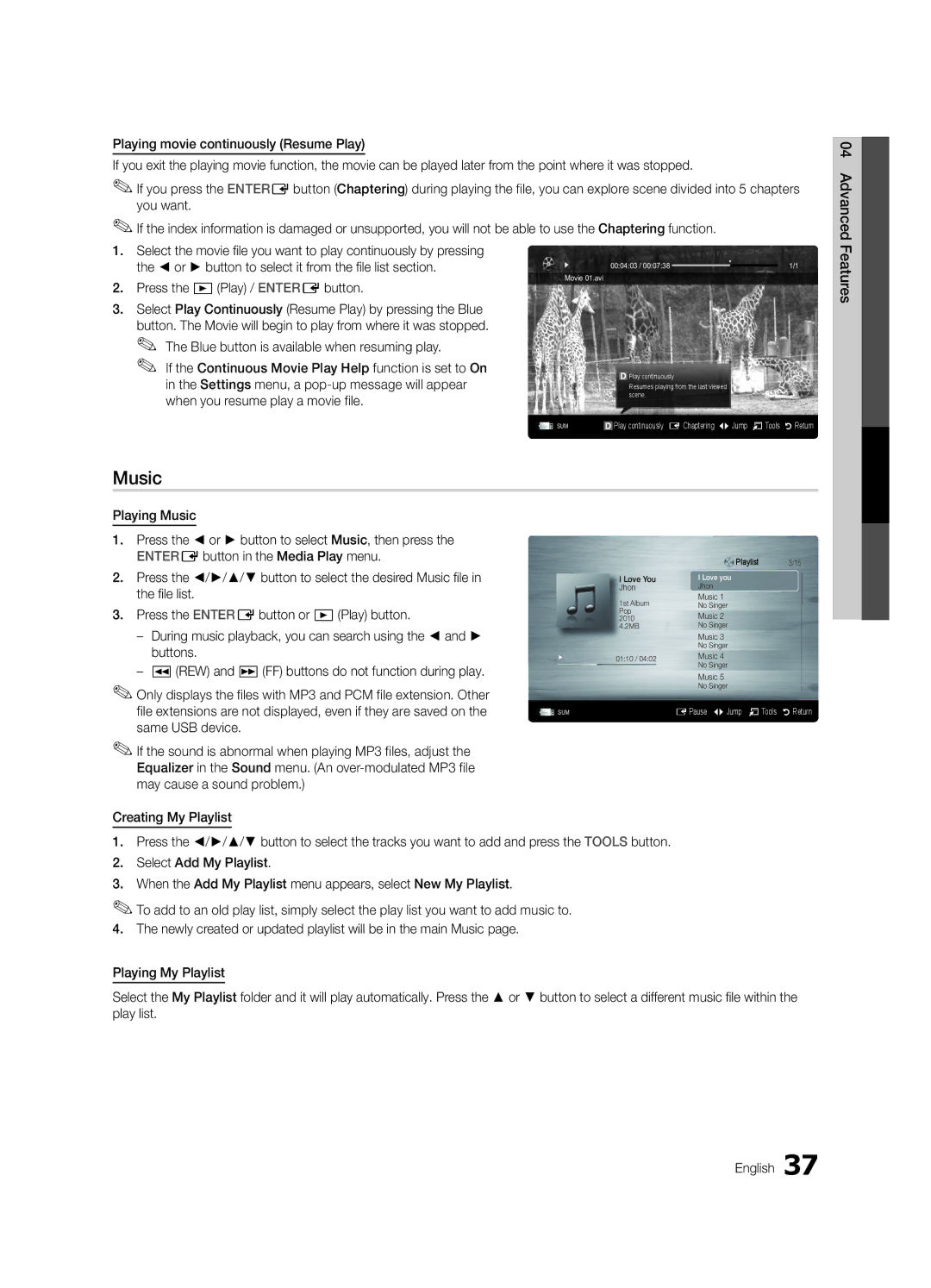 Samsung LC650-ZC, BN68-02541C-03 user manual Music 