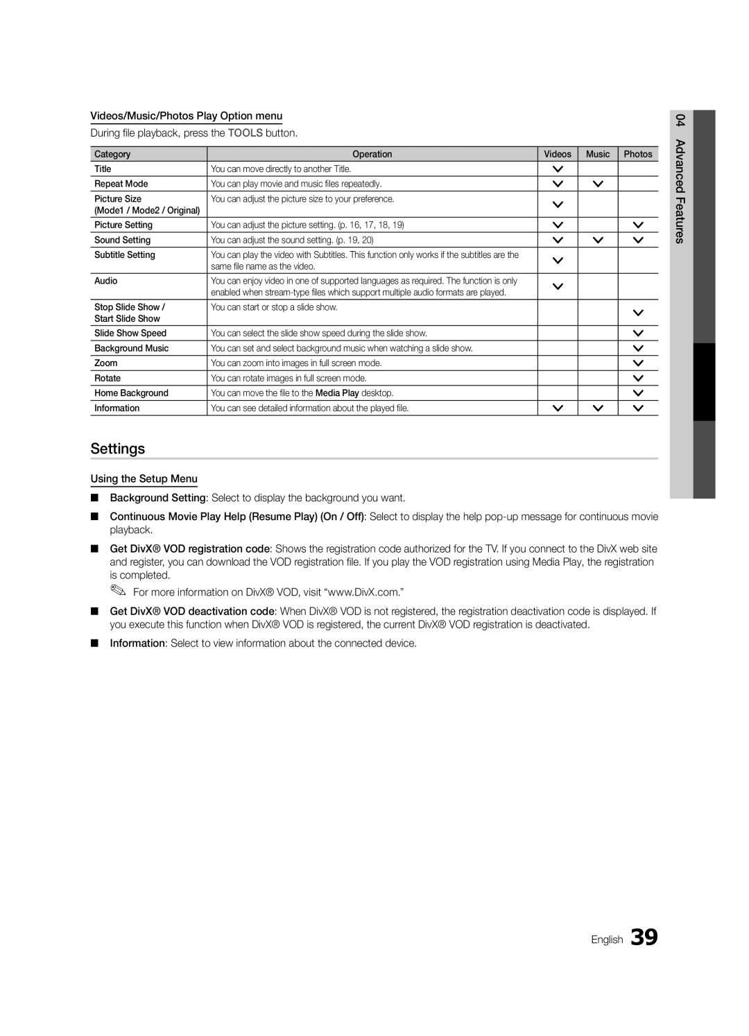 Samsung LC650-ZC, BN68-02541C-03 user manual Settings, Same file name as the video Audio 