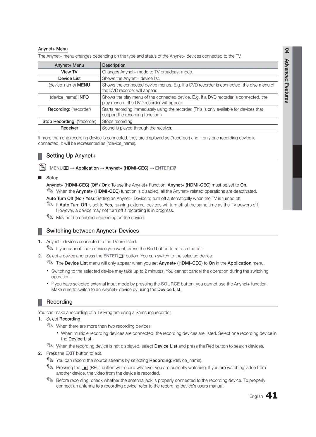 Samsung LC650-ZC, BN68-02541C-03 user manual Setting Up Anynet+, Switching between Anynet+ Devices, Recording 