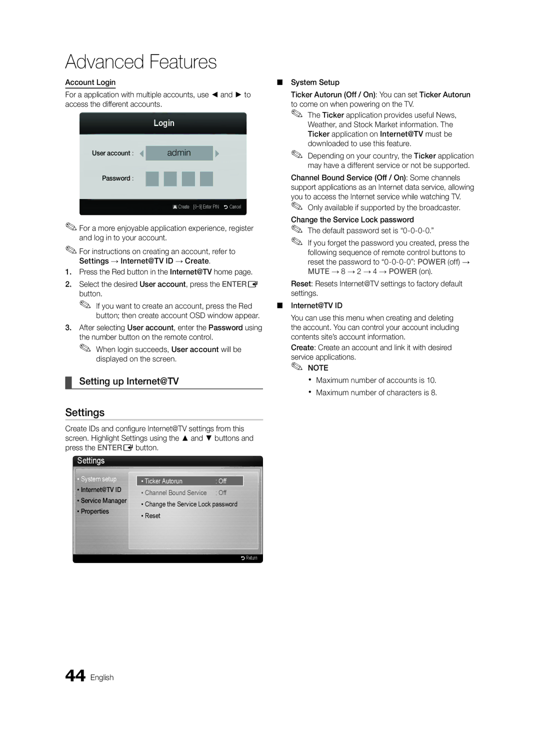 Samsung BN68-02541C-03, LC650-ZC user manual Setting up Internet@TV, Login, Default password set is 