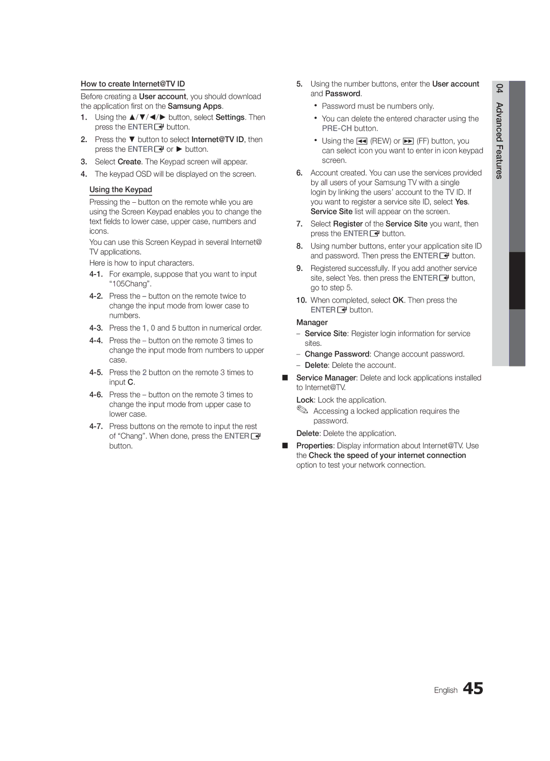 Samsung LC650-ZC, BN68-02541C-03 user manual How to create Internet@TV ID, Advanced Features English 