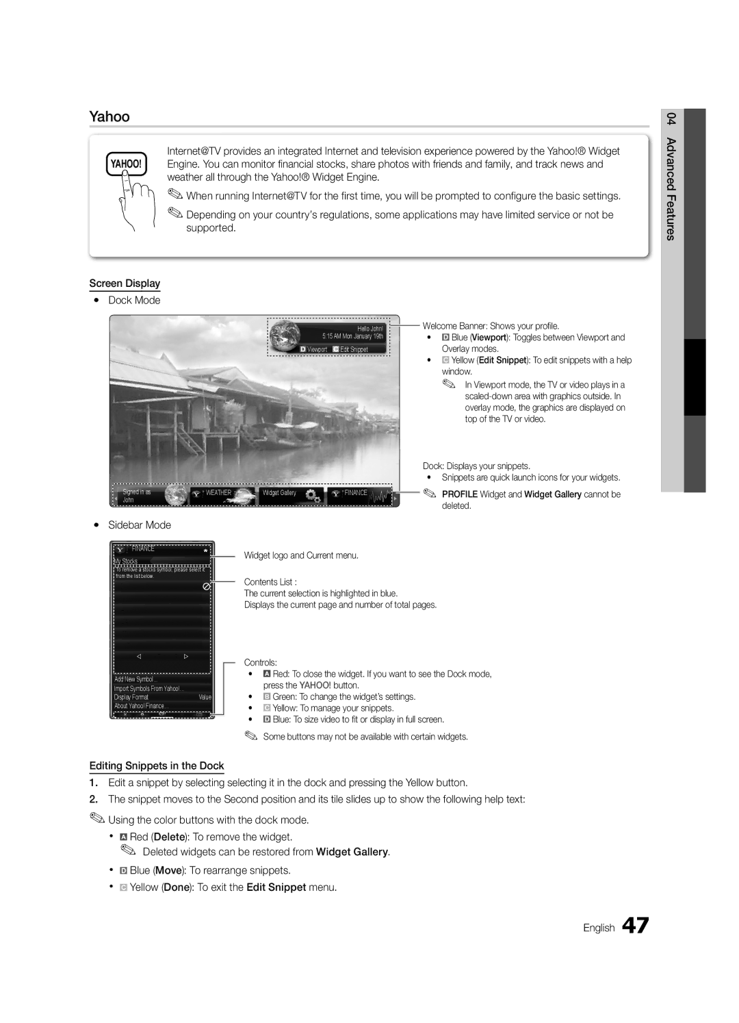 Samsung LC650-ZC, BN68-02541C-03 user manual Yahoo, Sidebar Mode 