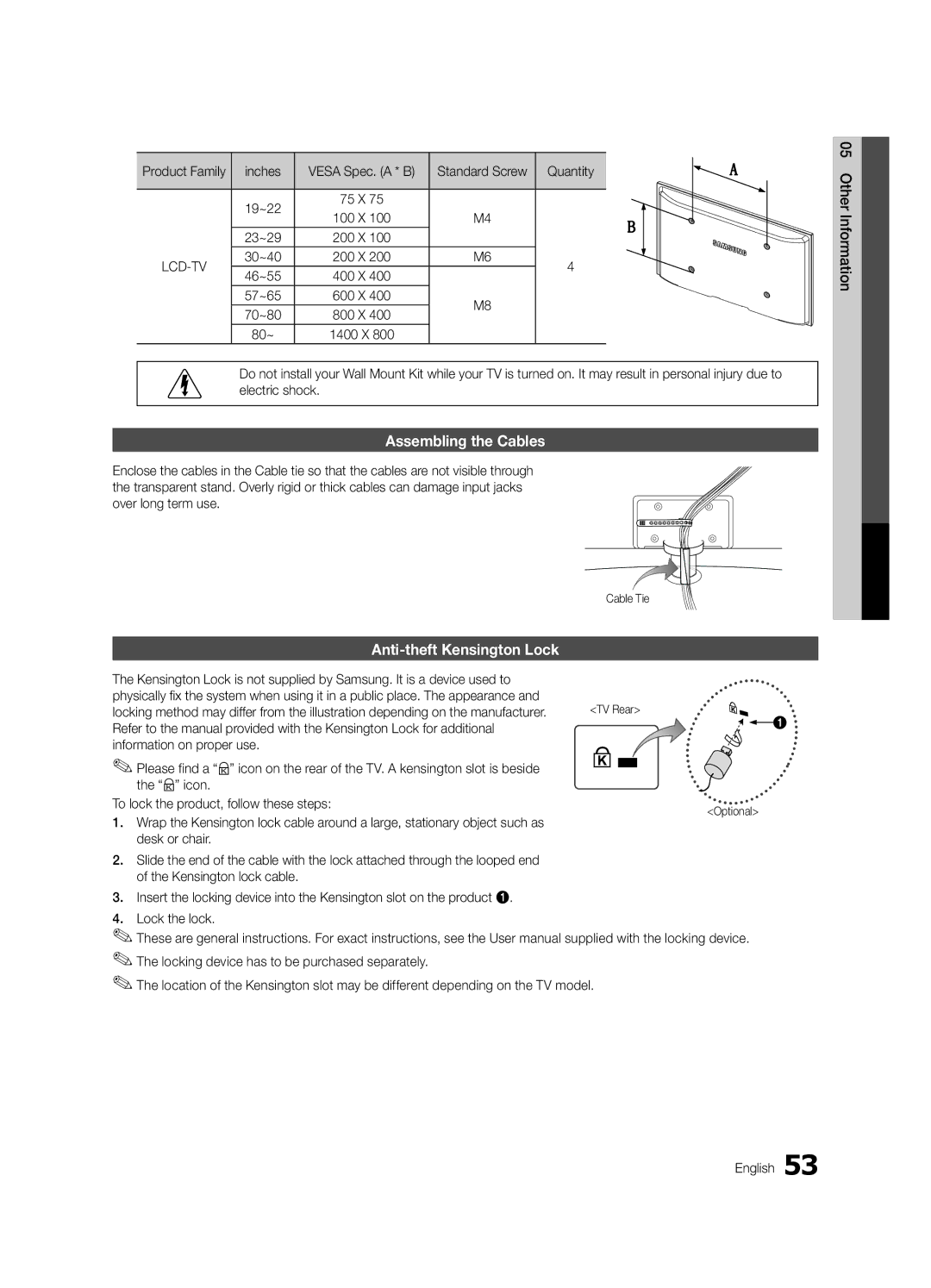 Samsung LC650-ZC, BN68-02541C-03 Assembling the Cables, Anti-theft Kensington Lock, Product Family Inches, Quantity 