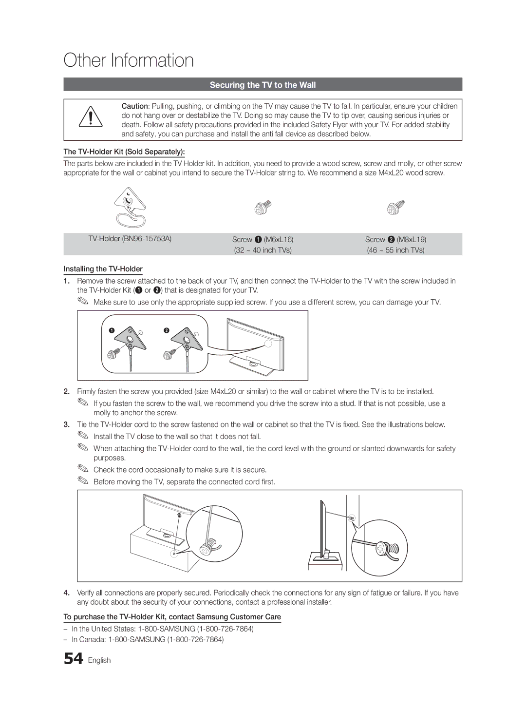 Samsung BN68-02541C-03, LC650-ZC Securing the TV to the Wall, TV-Holder Kit Sold Separately, TV-Holder BN96-15753A 