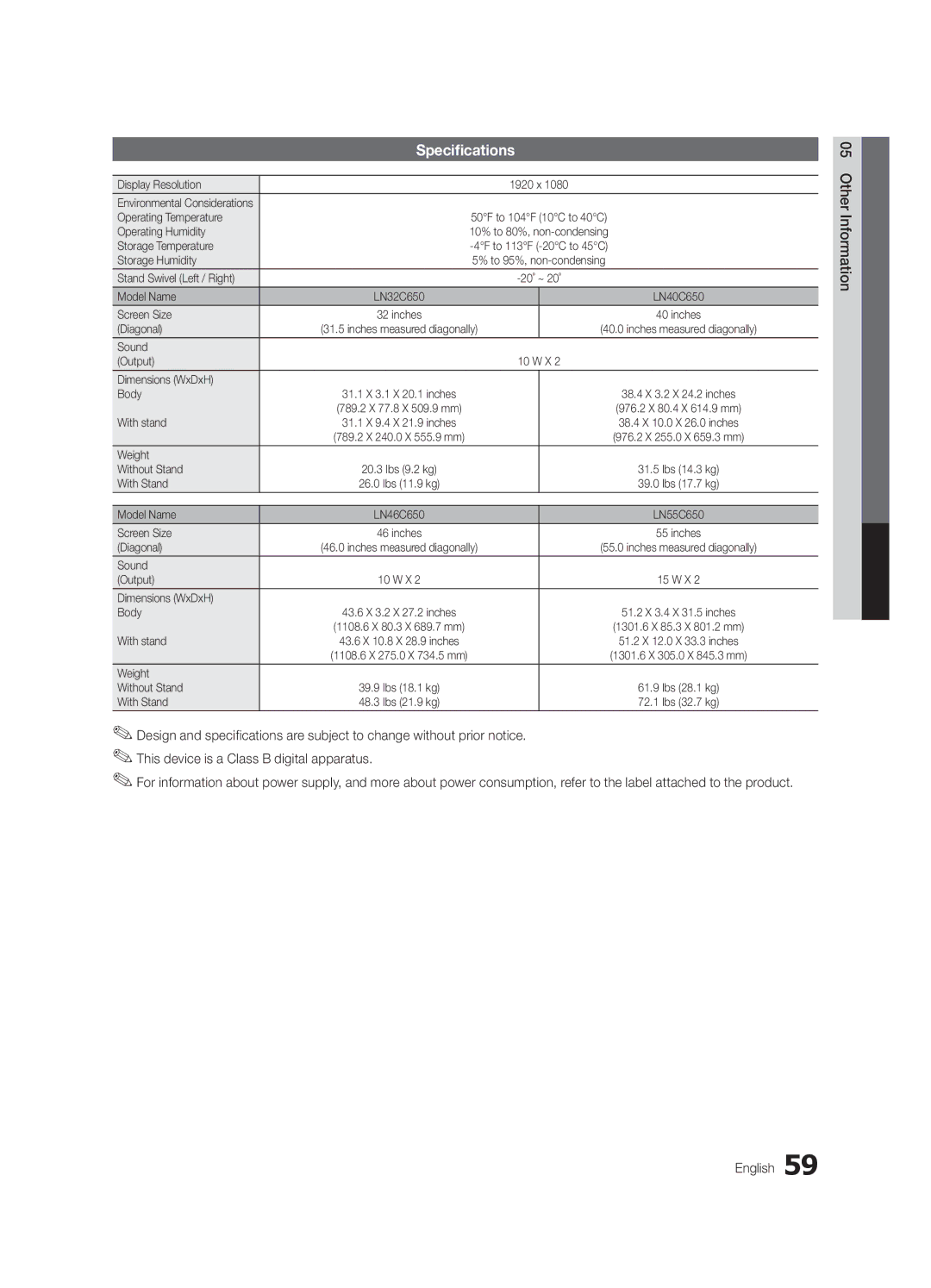 Samsung LC650-ZC, BN68-02541C-03 user manual Specifications 