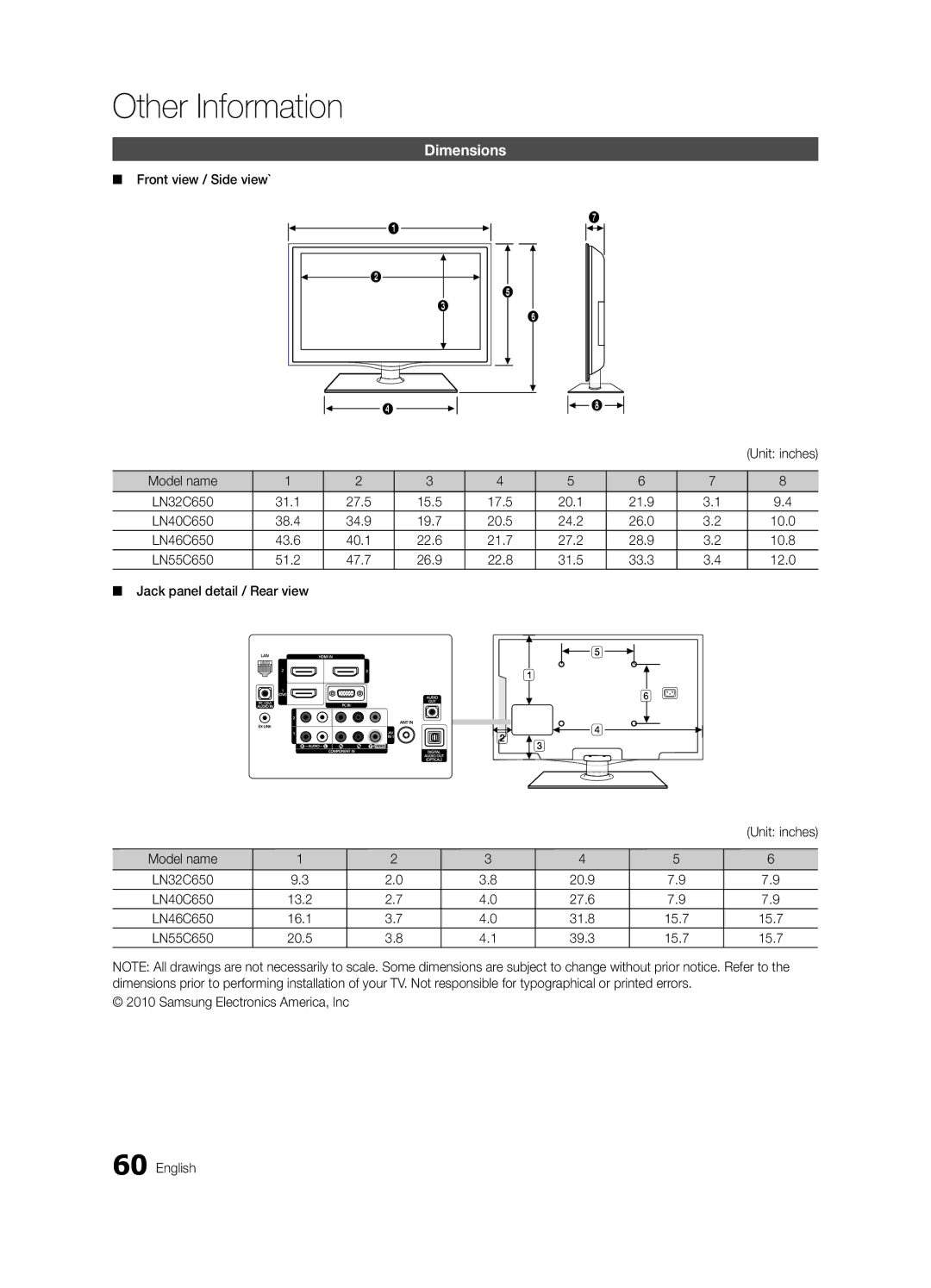 Samsung BN68-02541C-03, LC650-ZC user manual Dimensions 