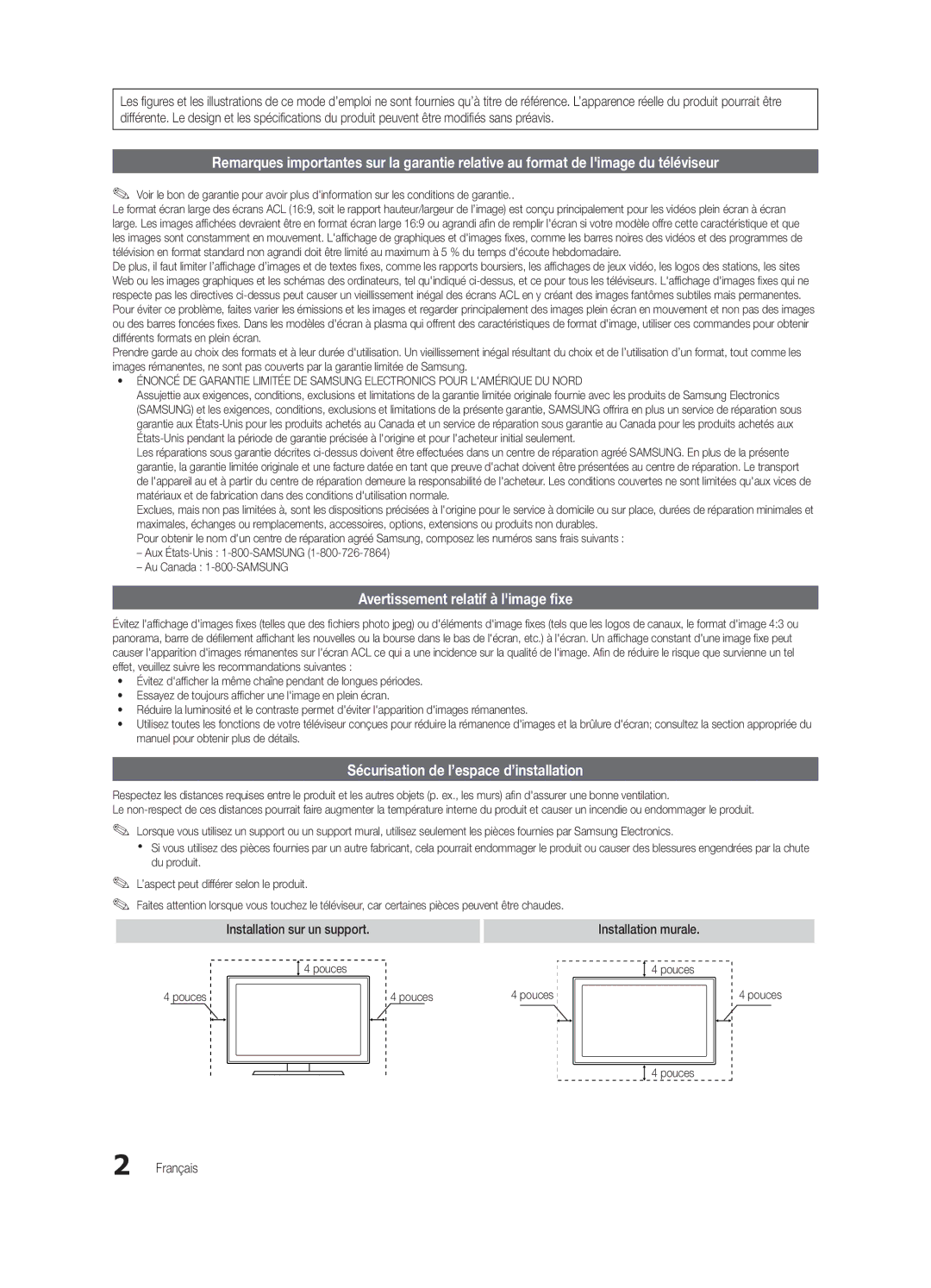 Samsung BN68-02541C-03 Avertissement relatif à limage fixe, Sécurisation de l’espace d’installation, Installation murale 
