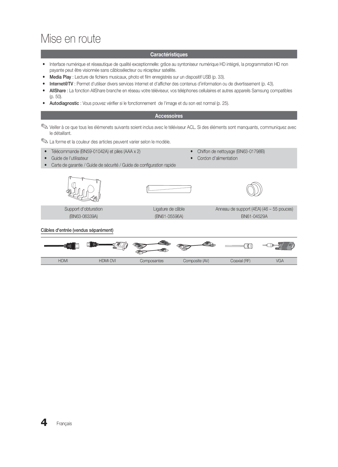 Samsung BN68-02541C-03 Mise en route, Caractéristiques, Accessoires, Guide de l’utilisateur Cordon d’alimentation 