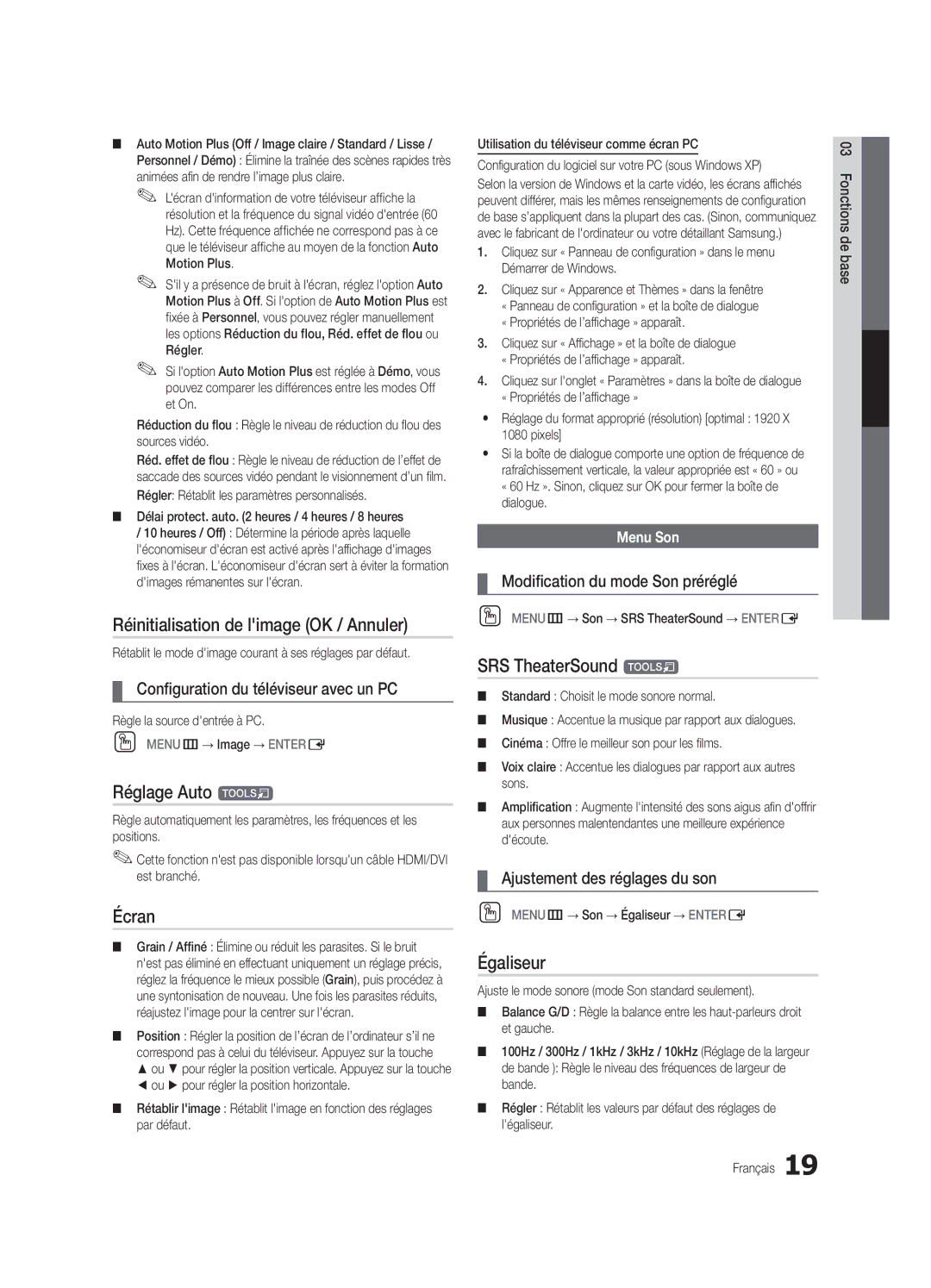 Samsung LC650-ZC, BN68-02541C-03 user manual Réinitialisation de limage OK / Annuler, Réglage Auto t, Écran, Égaliseur 