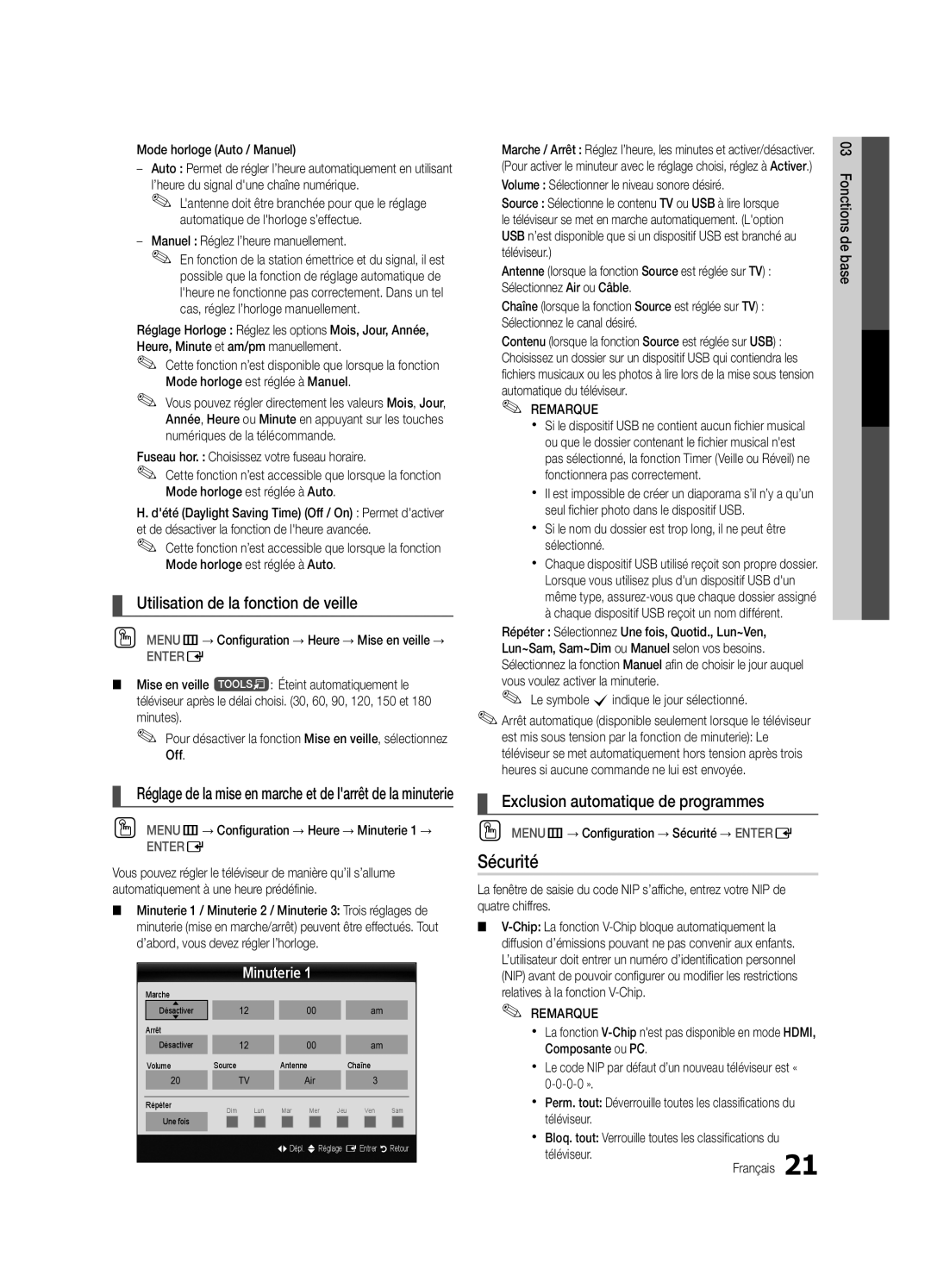 Samsung LC650-ZC user manual Sécurité, Utilisation de la fonction de veille, Exclusion automatique de programmes, Minuterie 