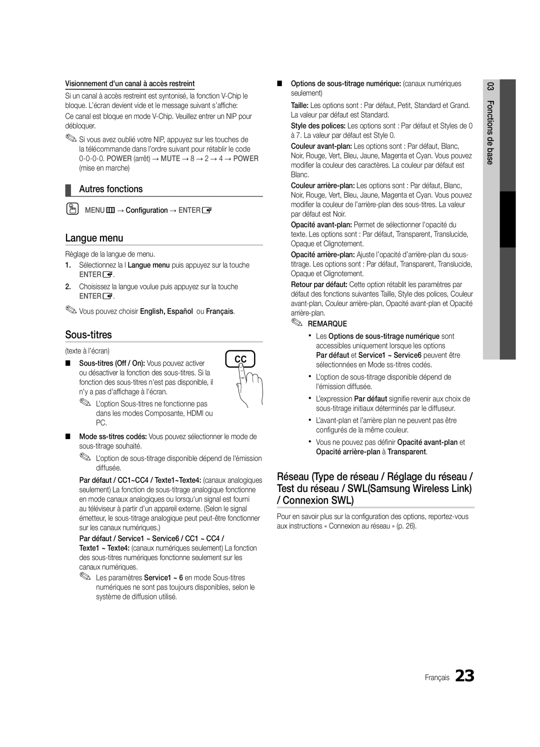 Samsung LC650-ZC, BN68-02541C-03 user manual Langue menu, Sous-titres 