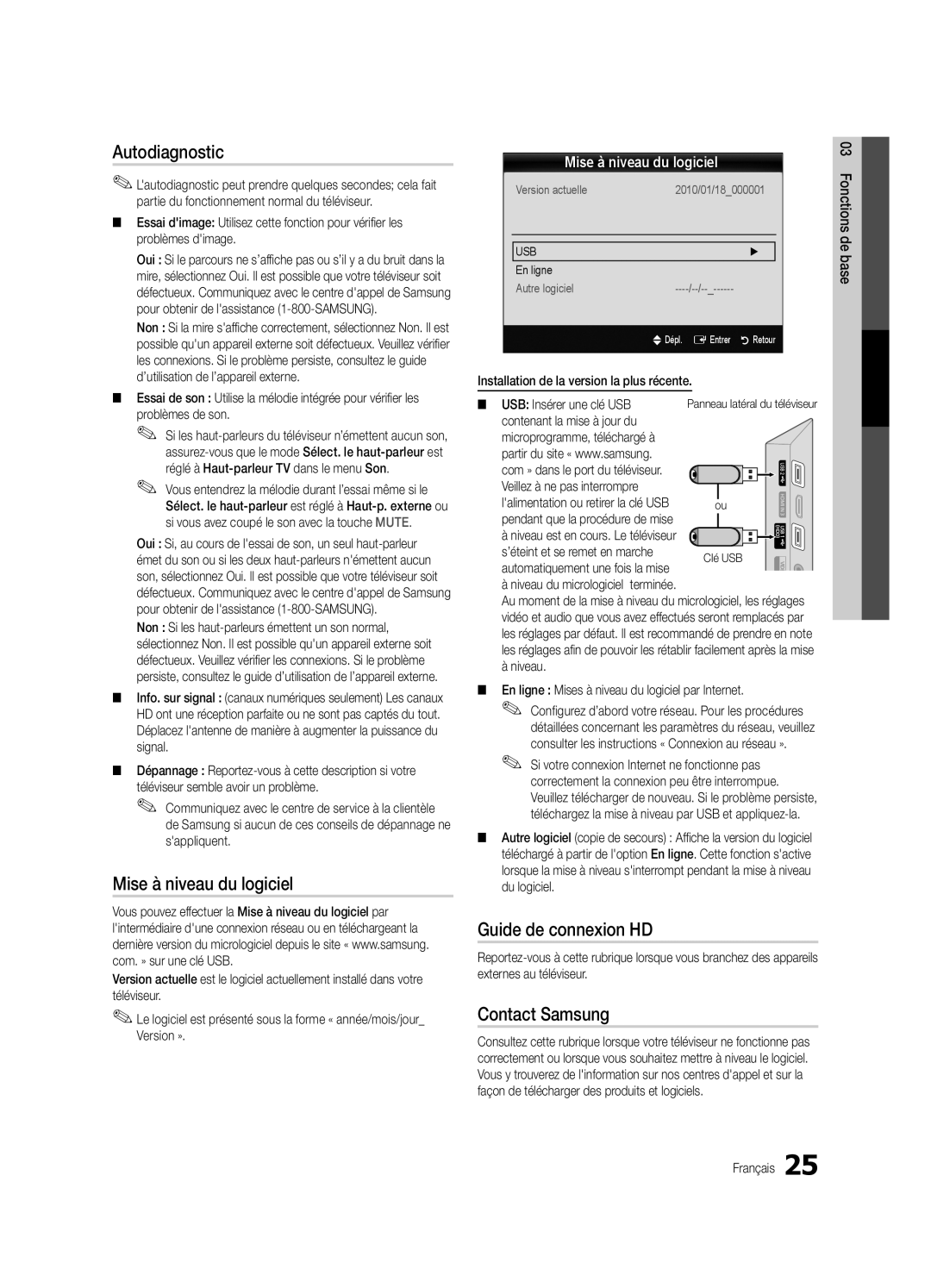 Samsung LC650-ZC, BN68-02541C-03 user manual Autodiagnostic, Mise à niveau du logiciel, Guide de connexion HD 