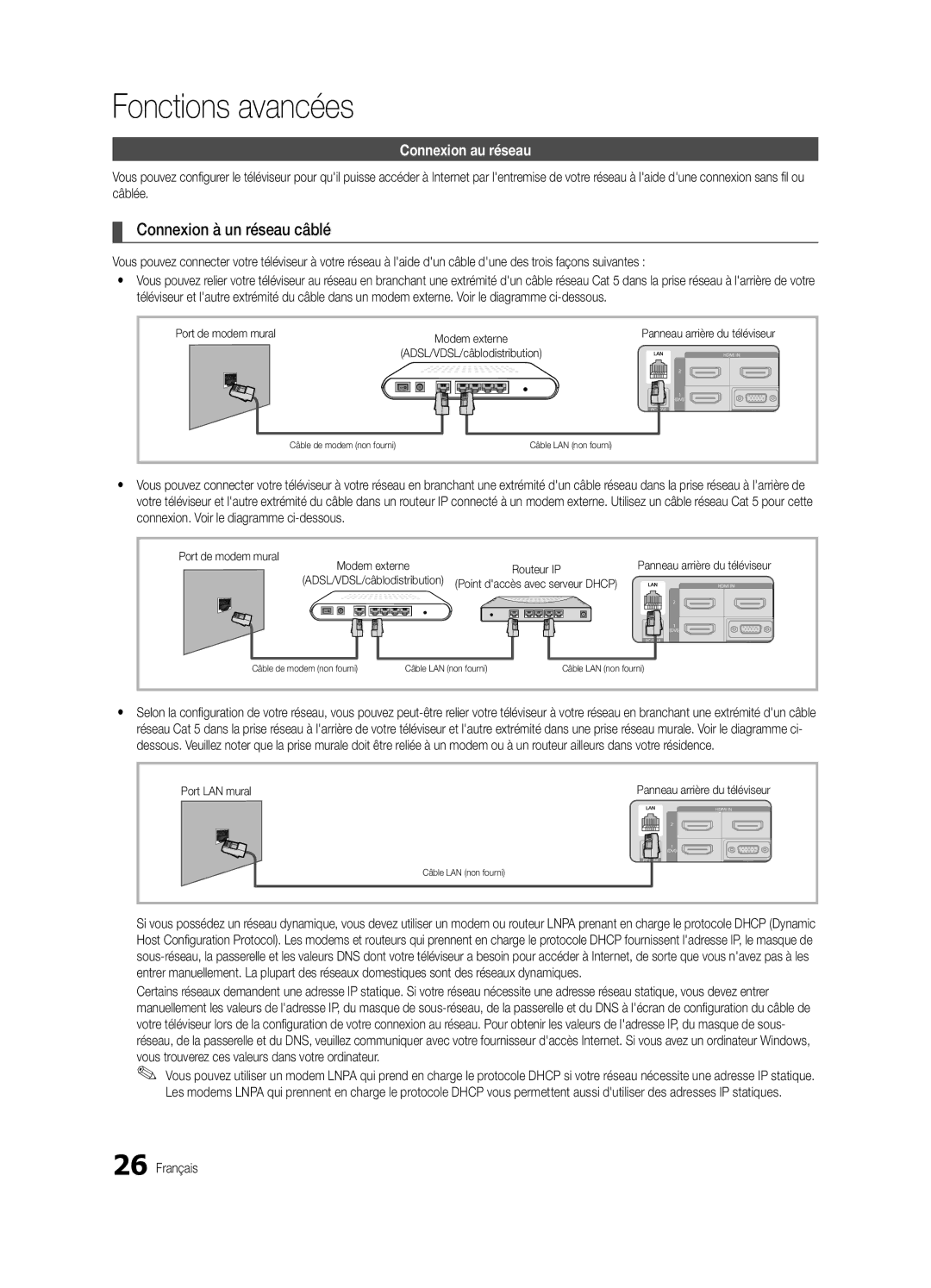 Samsung BN68-02541C-03 Fonctions avancées, Connexion à un réseau câblé, Connexion au réseau, Routeur IP, Port LAN mural 