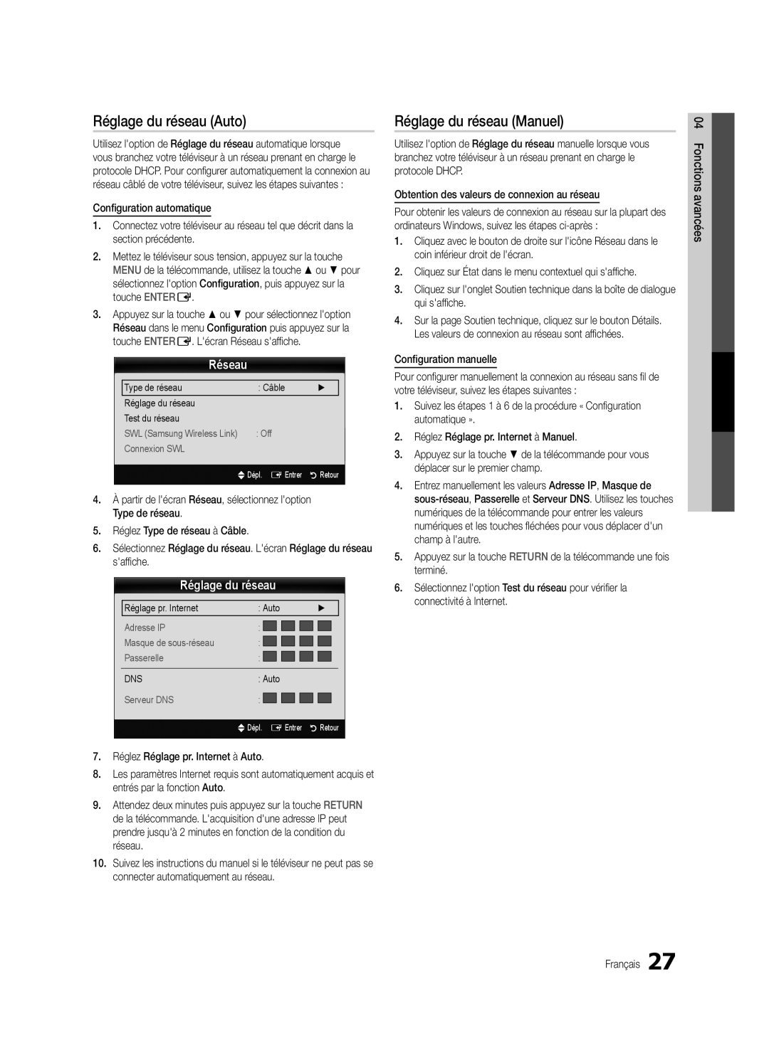 Samsung LC650-ZC, BN68-02541C-03 user manual Réglage du réseau Auto, Réglage du réseau Manuel, Réseau 