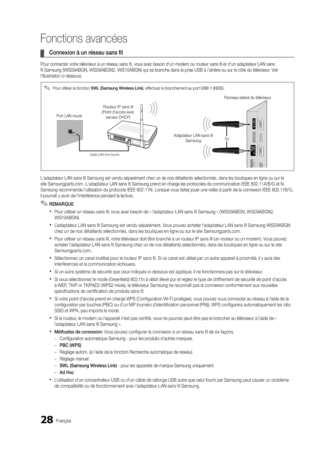 Samsung BN68-02541C-03 Connexion à un réseau sans fil, ’illustration ci-dessous, Avez, Adaptateur LAN sans fil Samsungou 