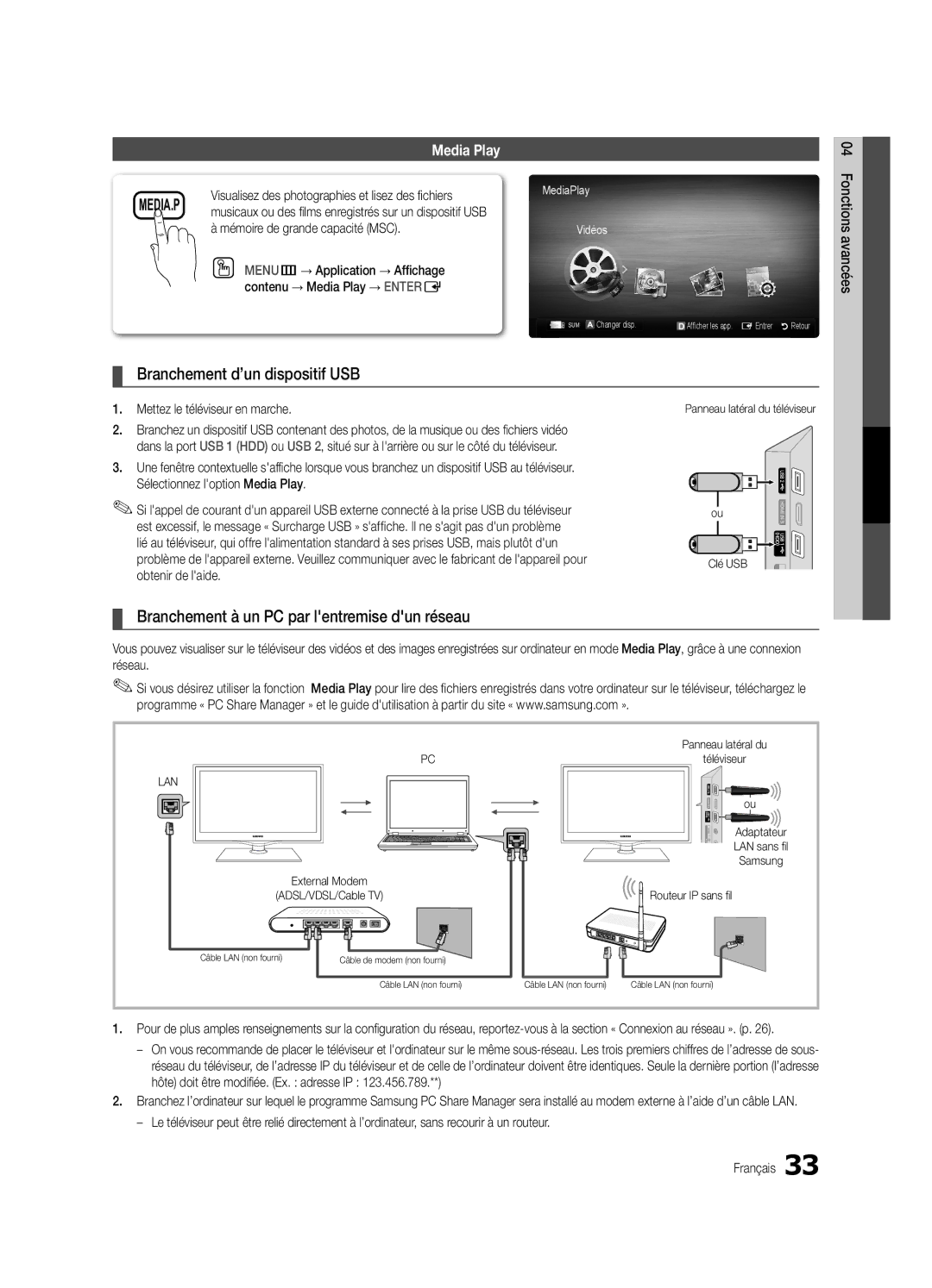 Samsung LC650-ZC, BN68-02541C-03 user manual Branchement d’un dispositif USB, Branchement à un PC par lentremise dun réseau 