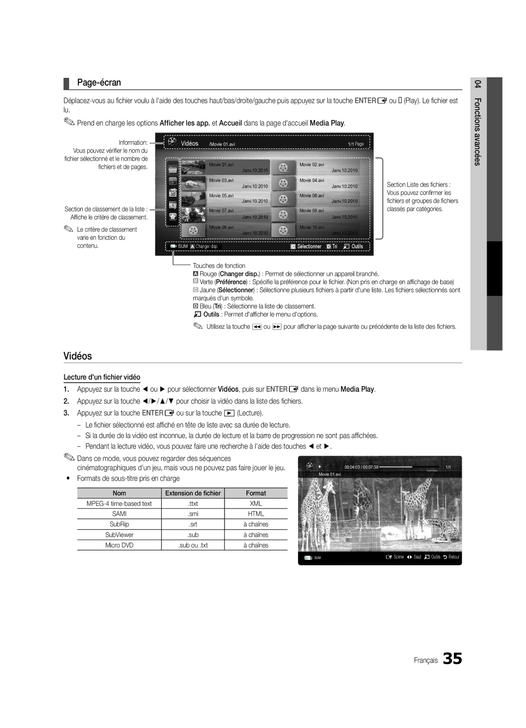 Samsung LC650-ZC, BN68-02541C-03 user manual Vidéos, Page-écran, Yy Formats de sous-titre pris en charge 