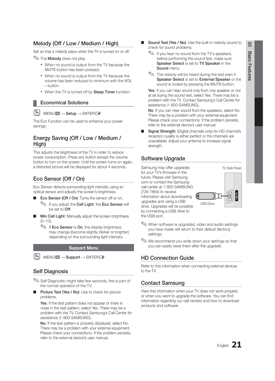 Samsung PC430-ZA user manual Melody Off / Low / Medium / High, Energy Saving Off / Low / Medium / High, Eco Sensor Off / On 