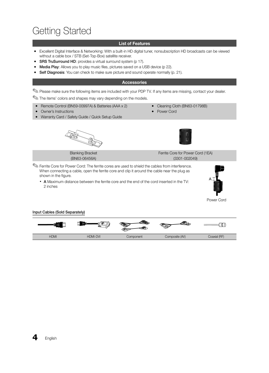 Samsung BN68-02576A-06, PC430-ZA Getting Started, List of Features, Accessories, 3301-002049, Input Cables Sold Separately 