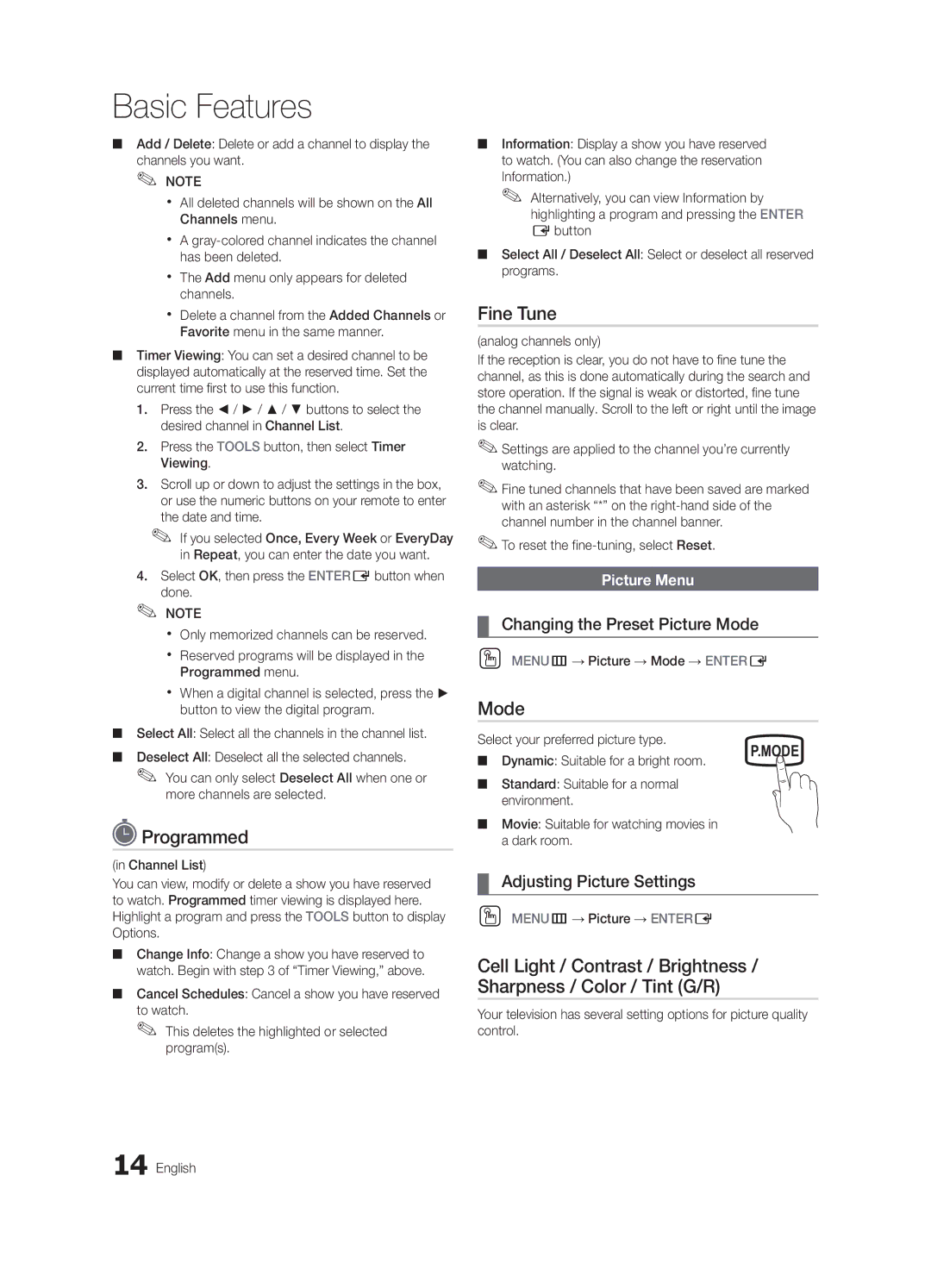 Samsung BN68-02576B-06, PC430-ZC Programmed, Fine Tune, Changing the Preset Picture Mode, Adjusting Picture Settings 