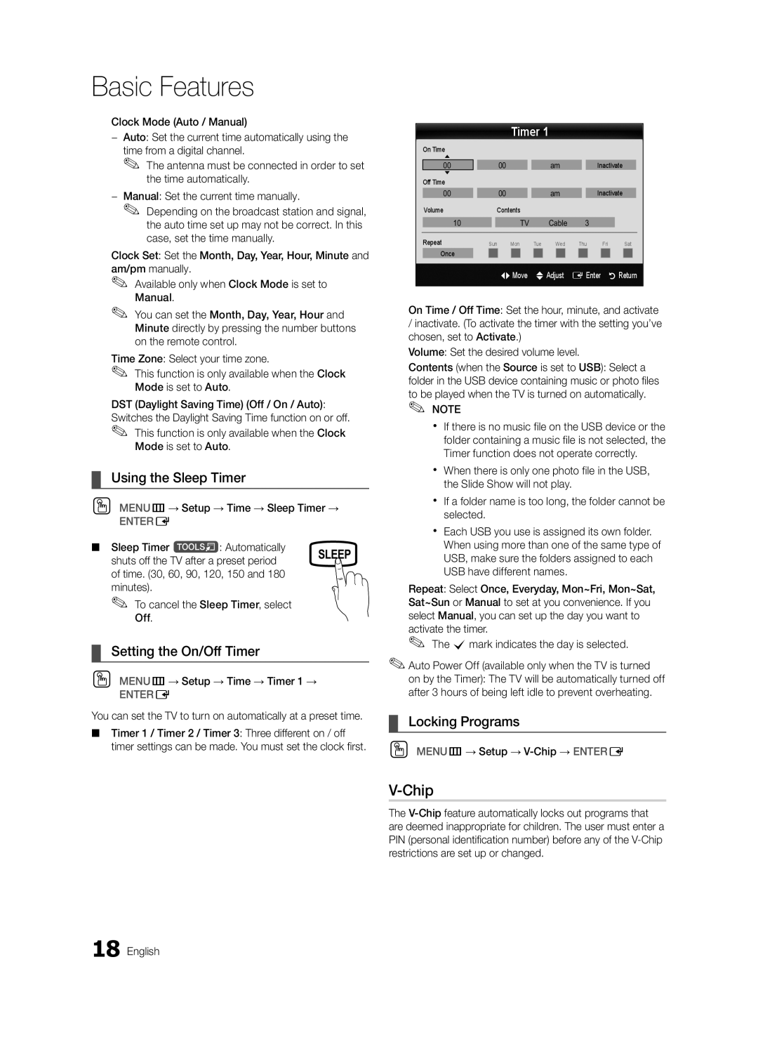 Samsung BN68-02576B-06, PC430-ZC user manual Chip, Using the Sleep Timer, Setting the On/Off Timer, Locking Programs 