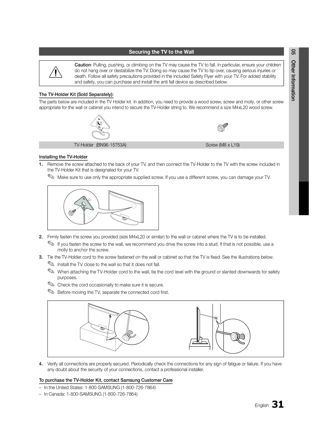 Samsung PC430-ZC Securing the TV to the Wall, TV-Holder Kit Sold Separately, TV-Holder BN96-15753A, Screw M8 x L19 