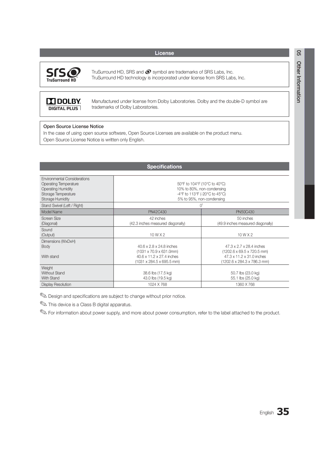 Samsung PC430-ZC, BN68-02576B-06 user manual License, Specifications 