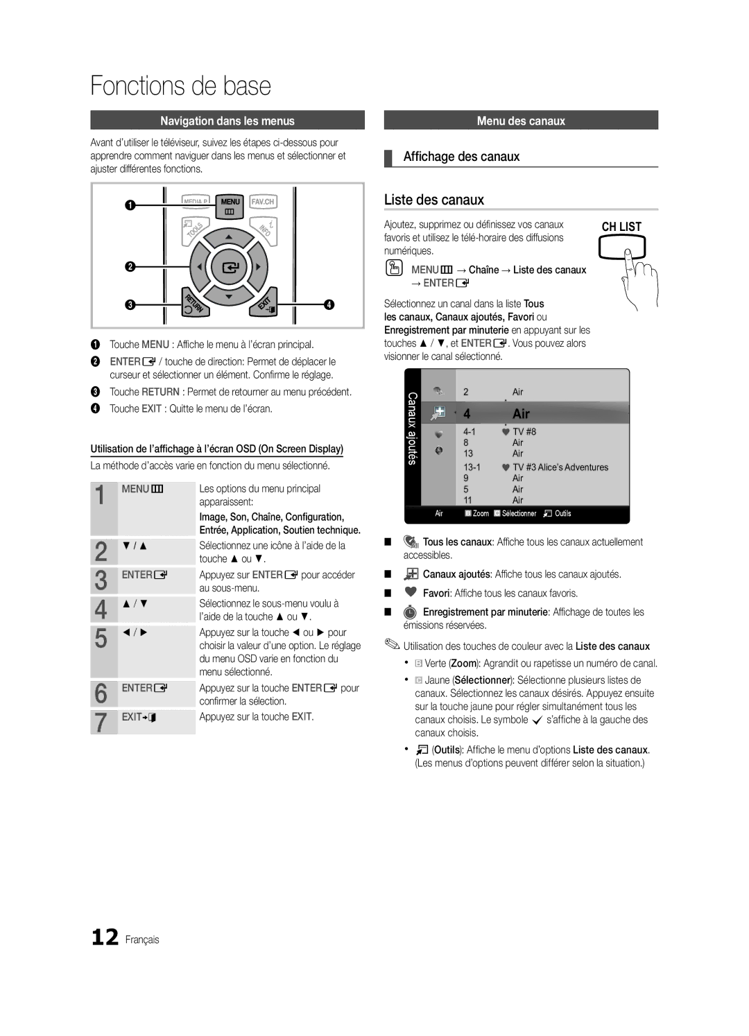 Samsung BN68-02576B-06, PC430-ZC Fonctions de base, Liste des canaux, Affichage des canaux, Navigation dans les menus 