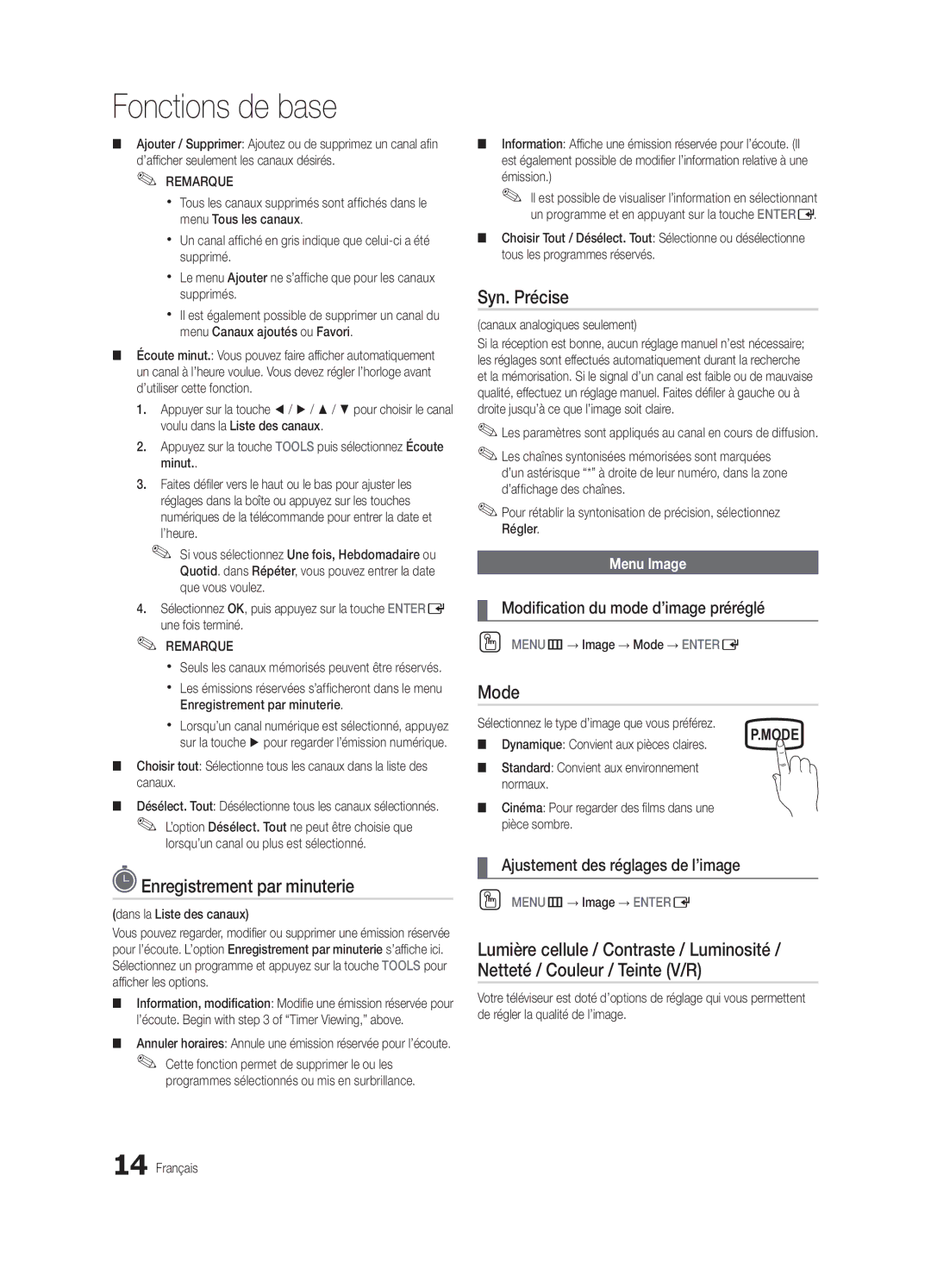 Samsung BN68-02576B-06 Enregistrement par minuterie, Syn. Précise, Modification du mode d’image préréglé, Menu Image 