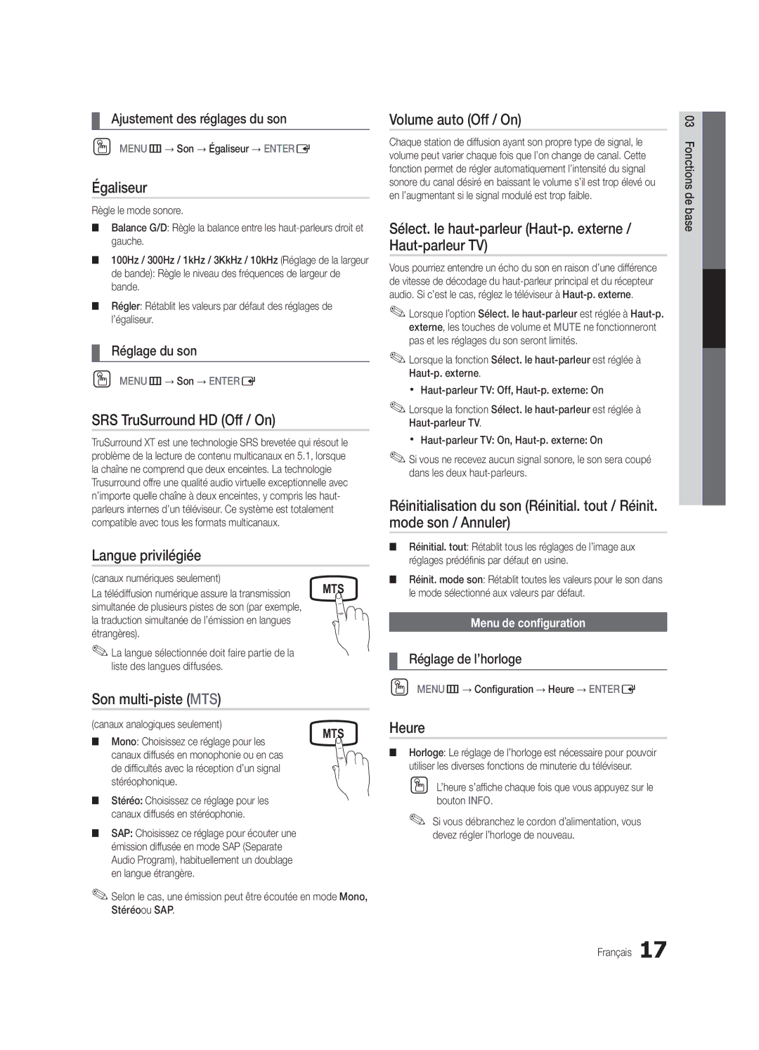 Samsung PC430-ZC, BN68-02576B-06 user manual Égaliseur, Langue privilégiée, Son multi-piste MTS, Volume auto Off / On, Heure 