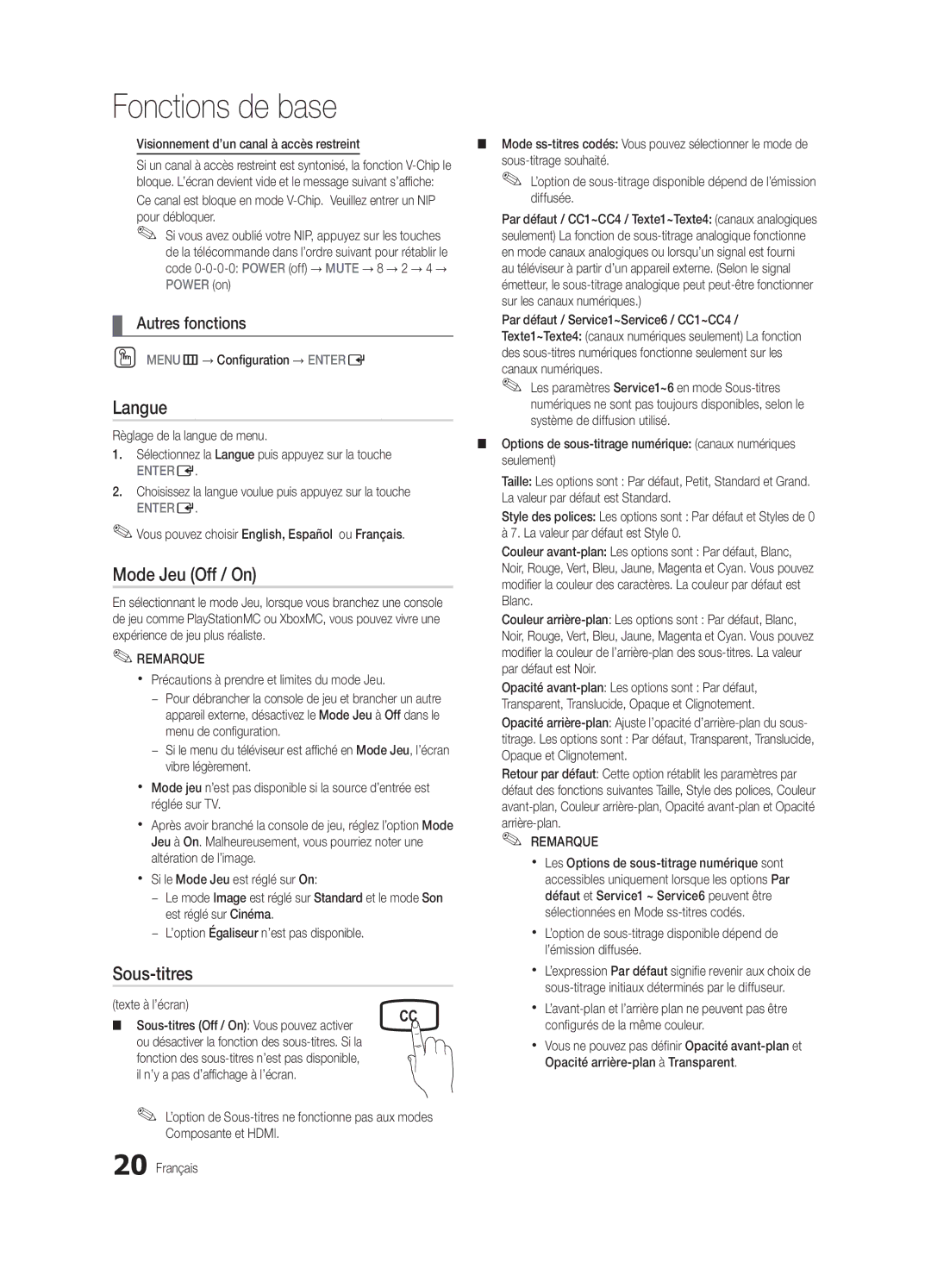 Samsung BN68-02576B-06, PC430-ZC user manual Langue, Mode Jeu Off / On, Sous-titres 