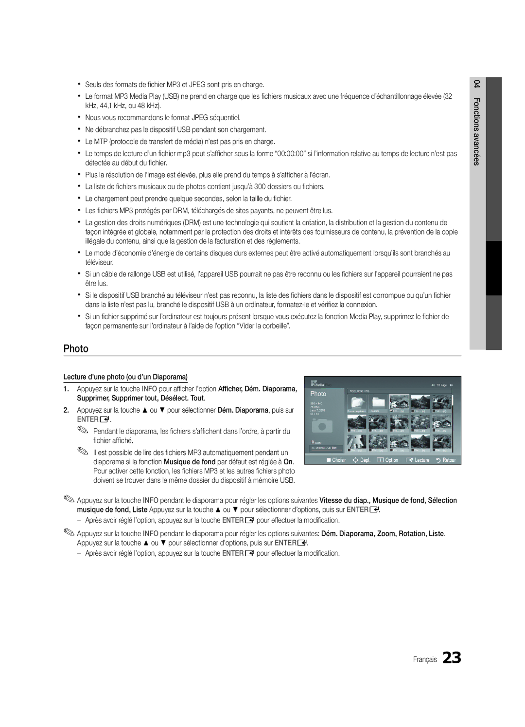 Samsung PC430-ZC, BN68-02576B-06 user manual Photo, Supprimer, Supprimer tout, Désélect. Tout, Fichier affiché 