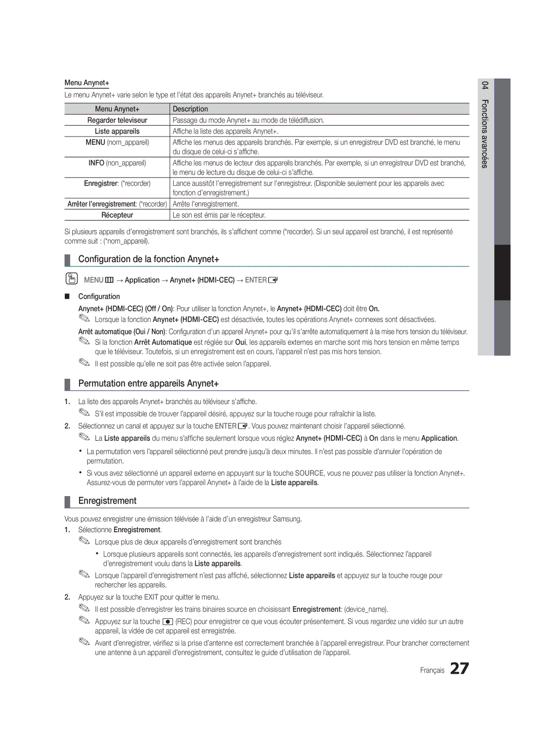 Samsung PC430-ZC, BN68-02576B-06 Configuration de la fonction Anynet+, Permutation entre appareils Anynet+, Enregistrement 