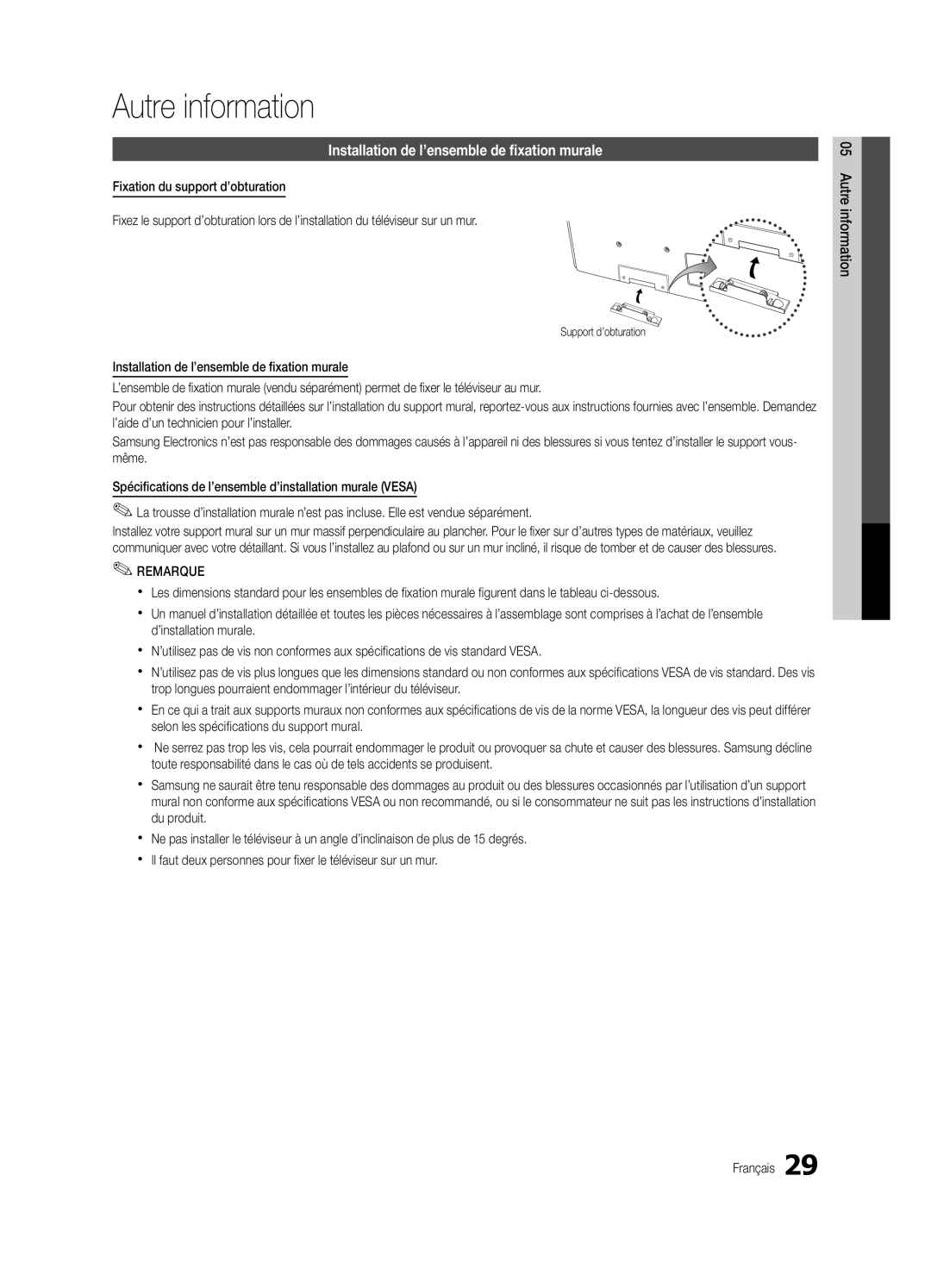 Samsung PC430-ZC, BN68-02576B-06 Autre information, Installation de l’ensemble de fixation murale, Support d’obturation 