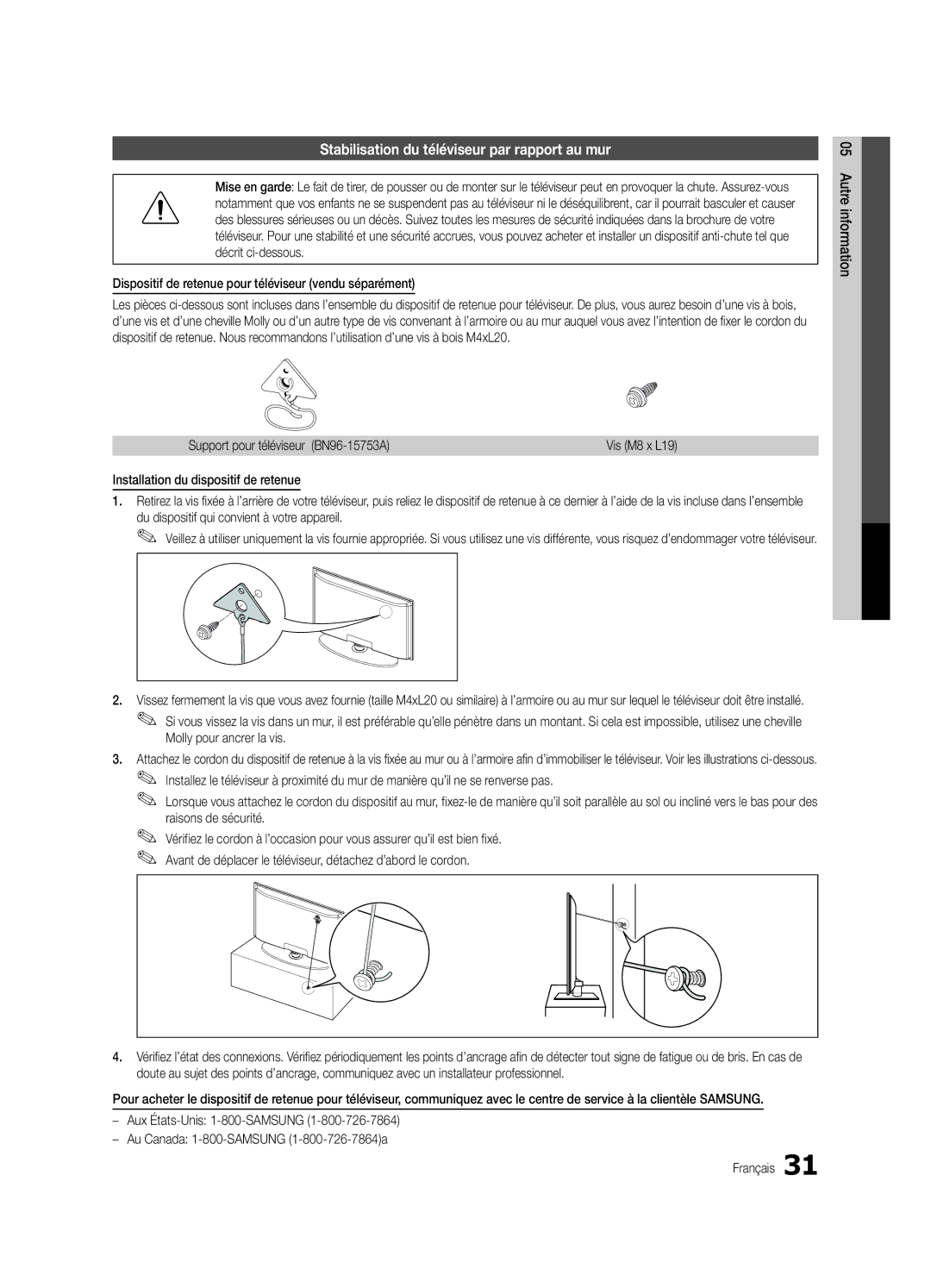 Samsung PC430-ZC, BN68-02576B-06 user manual Stabilisation du téléviseur par rapport au mur 