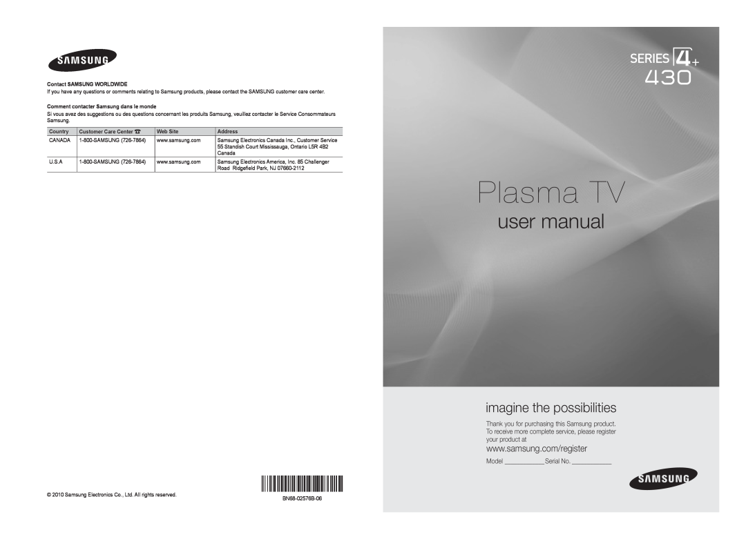 Samsung PC430-ZC user manual Plasma TV, imagine the possibilities, Model Serial No, Contact SAMSUNG WORLDWIDE, Country 