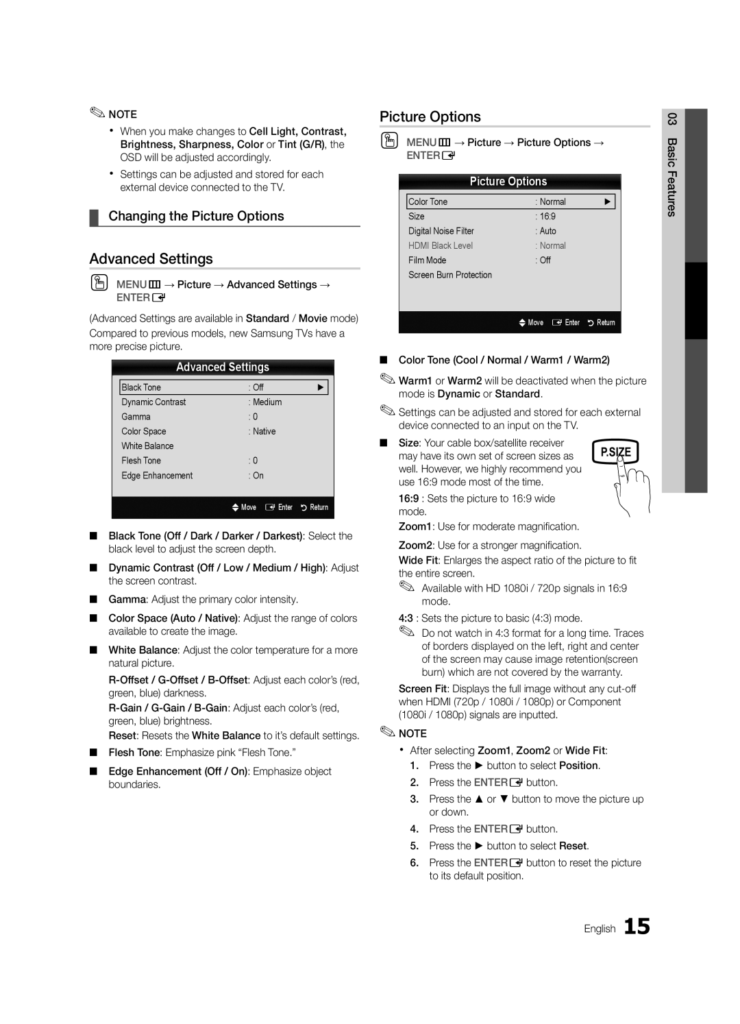Samsung PC430-ZC, BN68-02576B-06 user manual Advanced Settings, Changing the Picture Options, Entere 