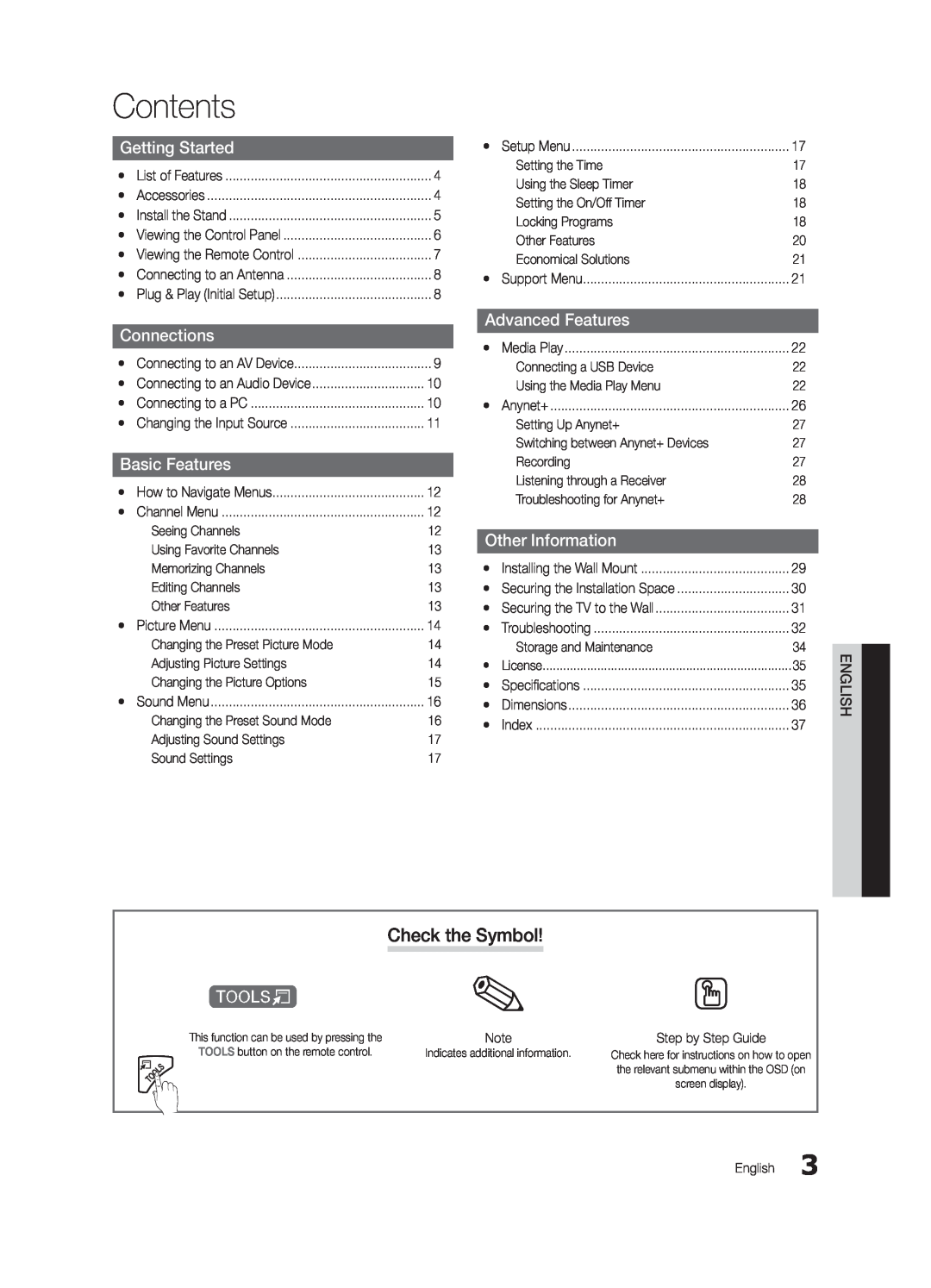 Samsung PC430-ZC user manual Contents, Check the Symbol, Getting Started, Connections, Basic Features, Advanced Features 