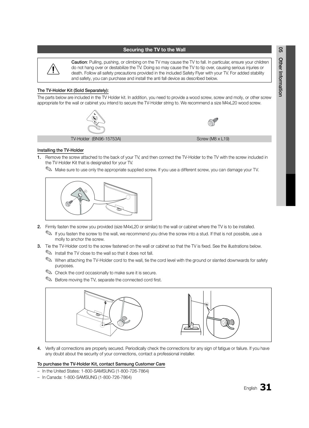 Samsung PC430-ZC, BN68-02576B-06 user manual Securing the TV to the Wall 