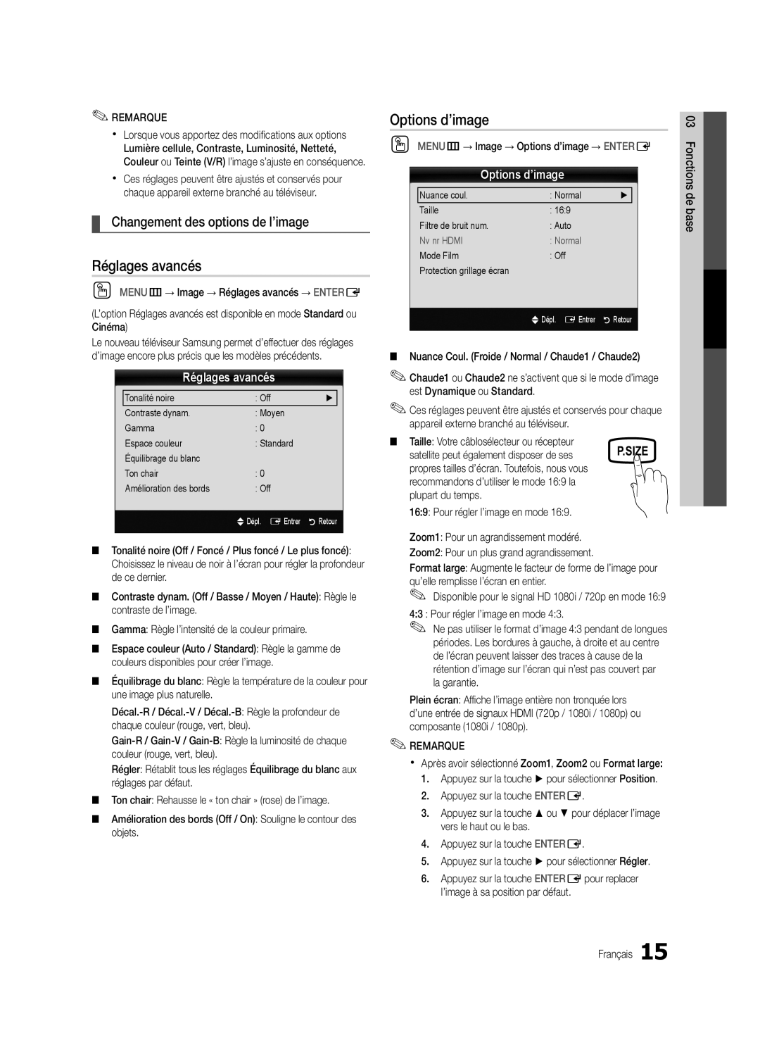 Samsung PC430-ZC, BN68-02576B-06 user manual Réglages avancés, Options d’image, Changement des options de l’image 