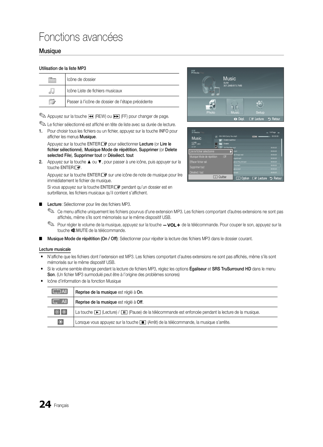 Samsung BN68-02576B-06, PC430-ZC user manual Musique, Music, Fonctions avancées 