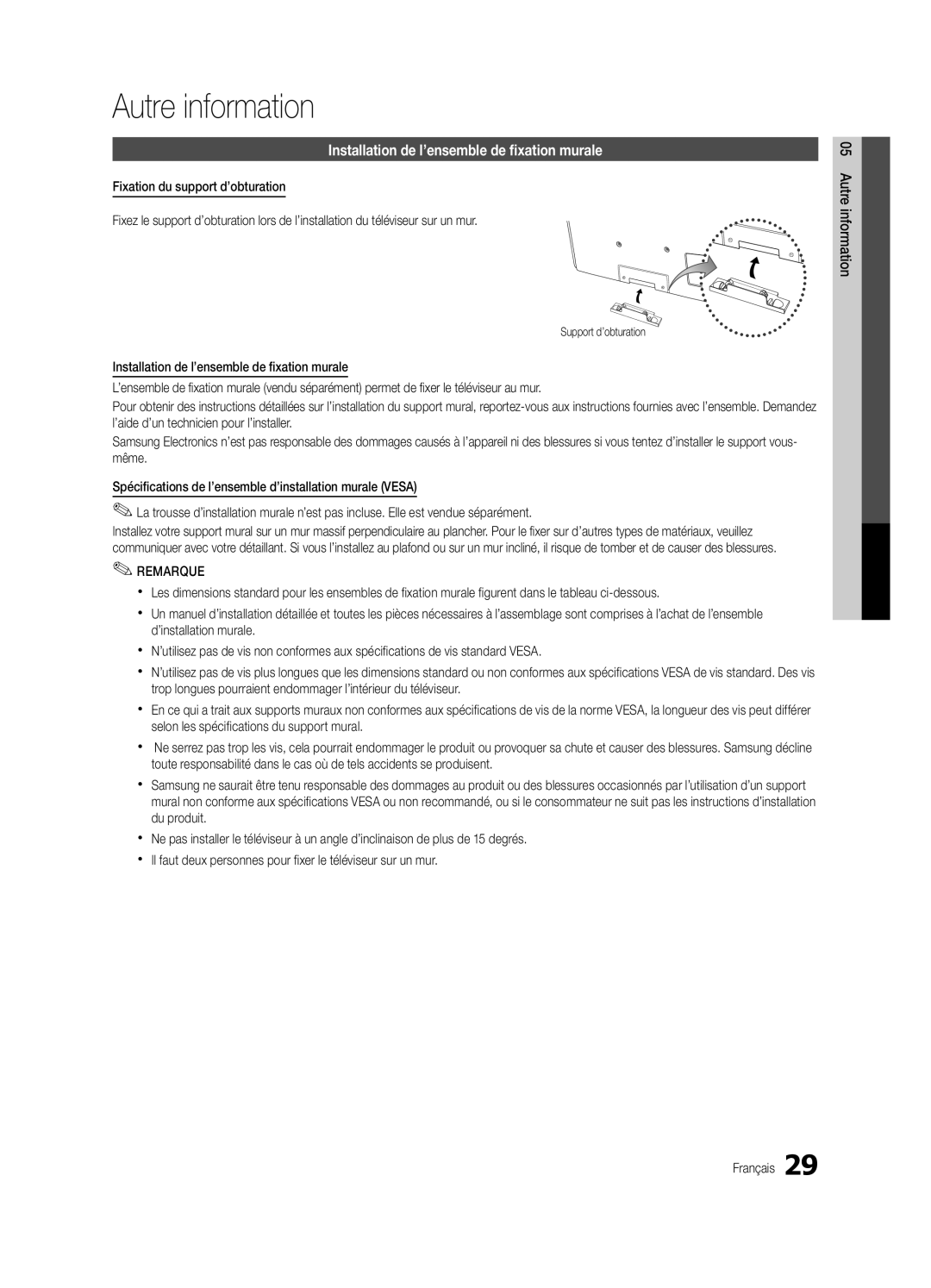 Samsung PC430-ZC, BN68-02576B-06 user manual Autre information, Installation de l’ensemble de fixation murale 
