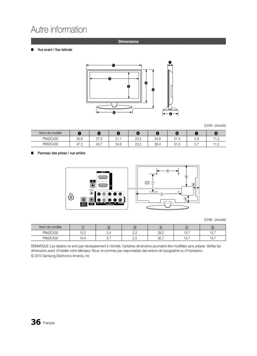 Samsung BN68-02576B-06, PC430-ZC user manual Autre information, Dimensions, Panneau des prises / vue arrière 