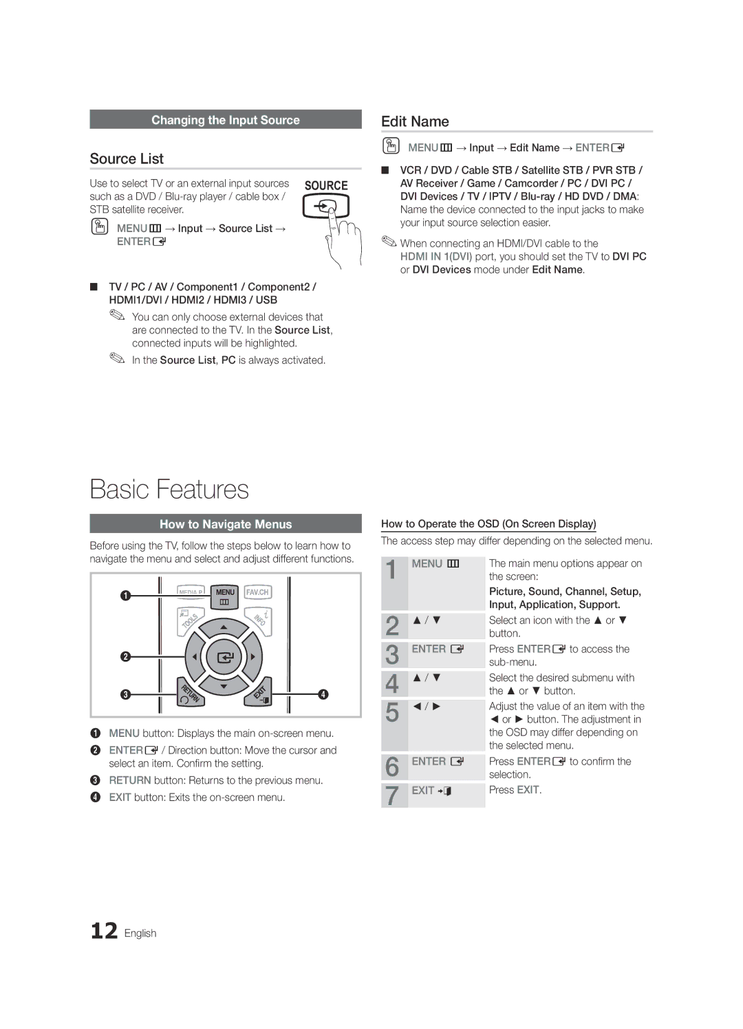 Samsung BN68-02577A-04, PN50C450 Basic Features, Source List, Edit Name, Changing the Input Source, How to Navigate Menus 