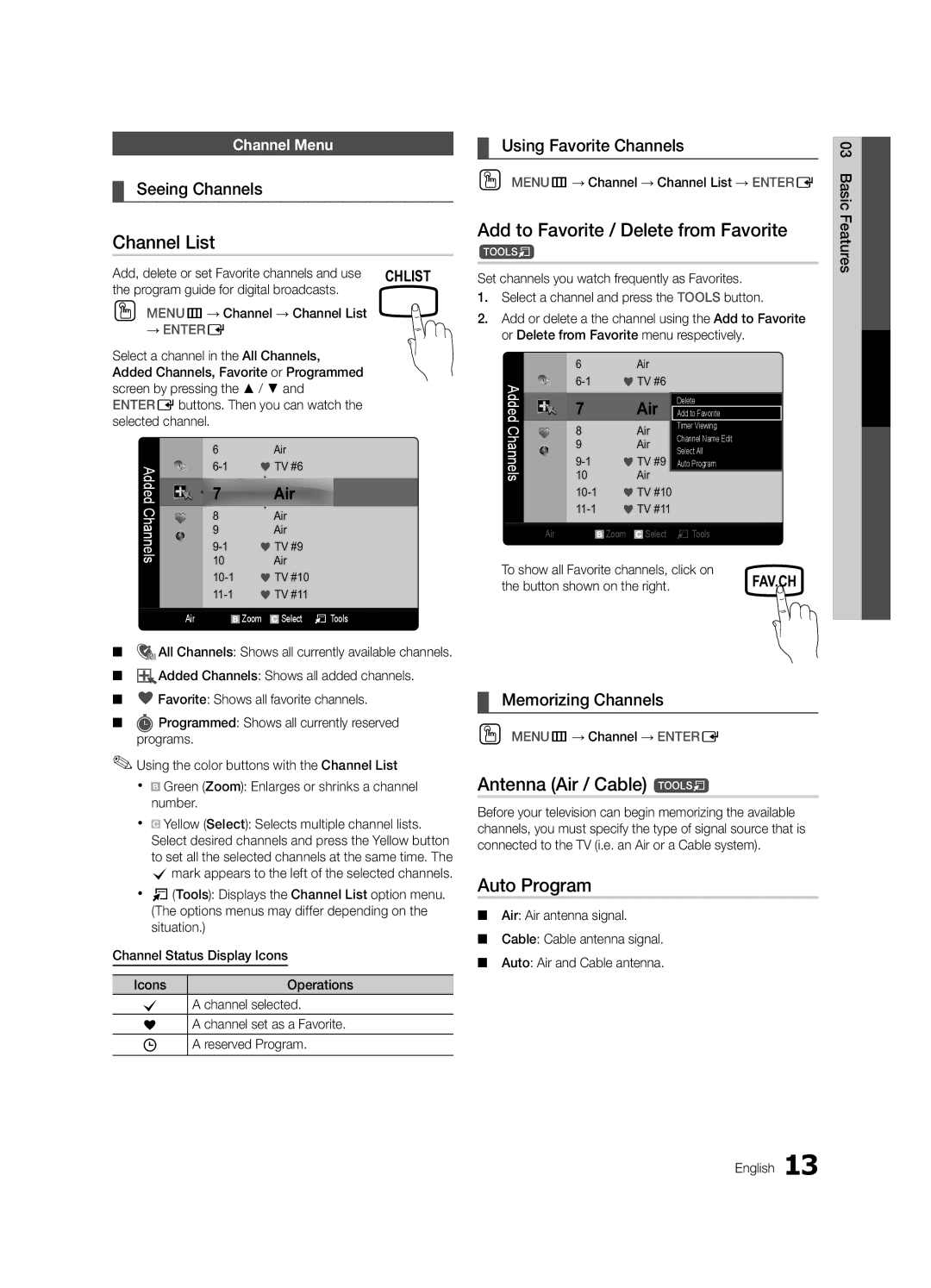 Samsung PN50C450, BN68-02577A-04 Channel List, Add to Favorite / Delete from Favorite, Antenna Air / Cable t, Auto Program 
