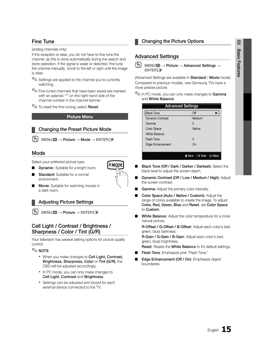 Samsung PN50C450, BN68-02577A-04 user manual Fine Tune, Mode, Advanced Settings 